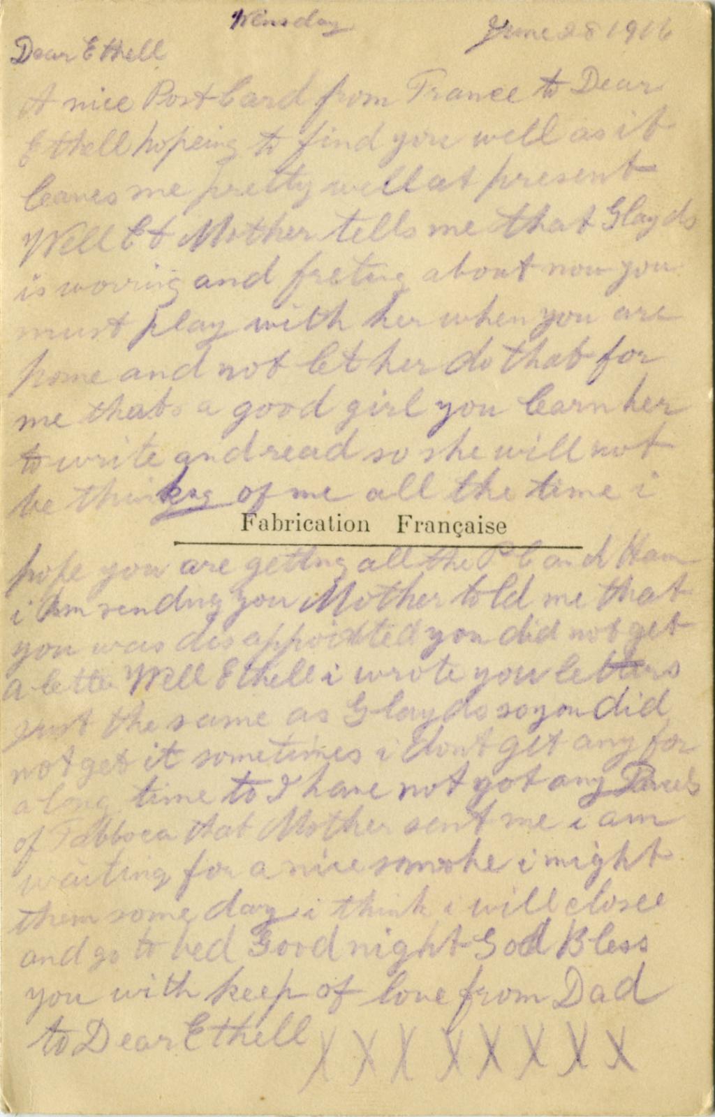Reverse of WWI silk postcard sent to Ethell from Daddy June 28 1916