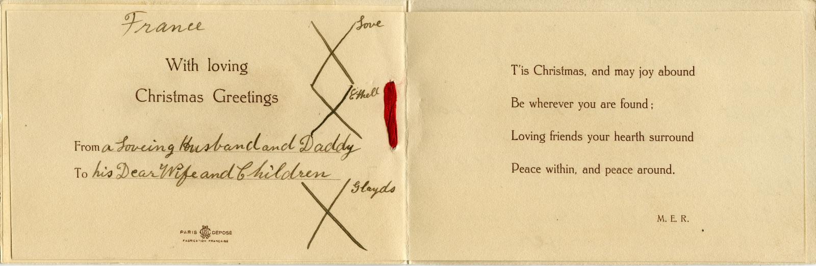 Centre of WWI silk postcard sent to wife, Ethell and Glayds from Daddy