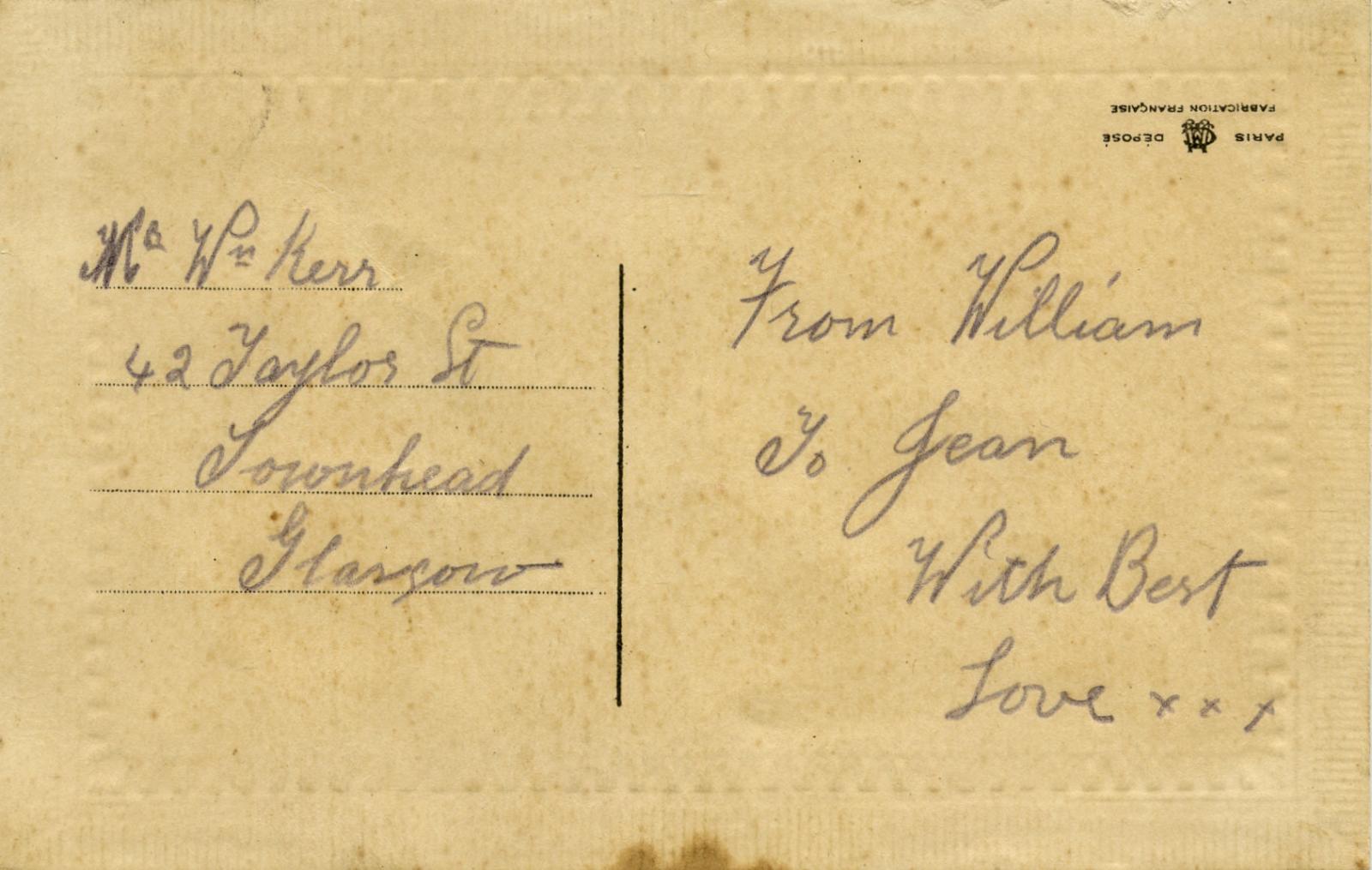 Reverse of WWI silk postcard sent for 'A Happy New Year' from William to Jean