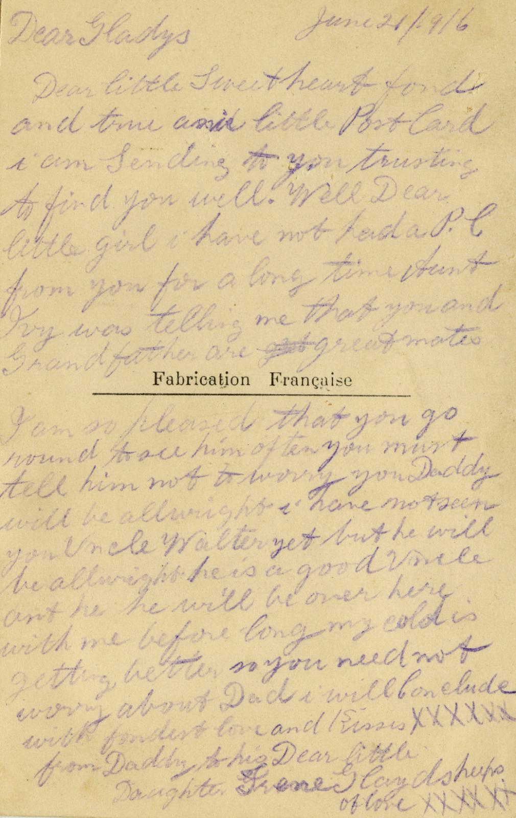 Reverse of WWI silk postcard sent to Irene Glayds from Daddy June 21 1916