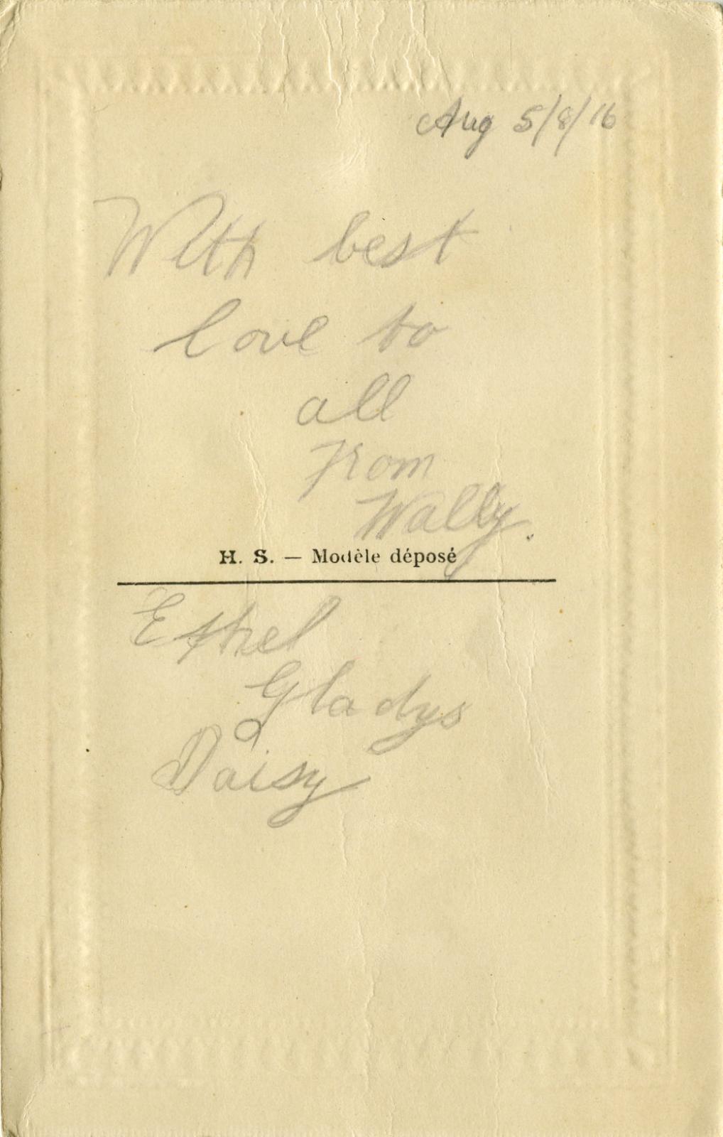 Reverse of WWI silk postcard sent to Ethel, Gladys and Daisy by Wally 5 August 1916