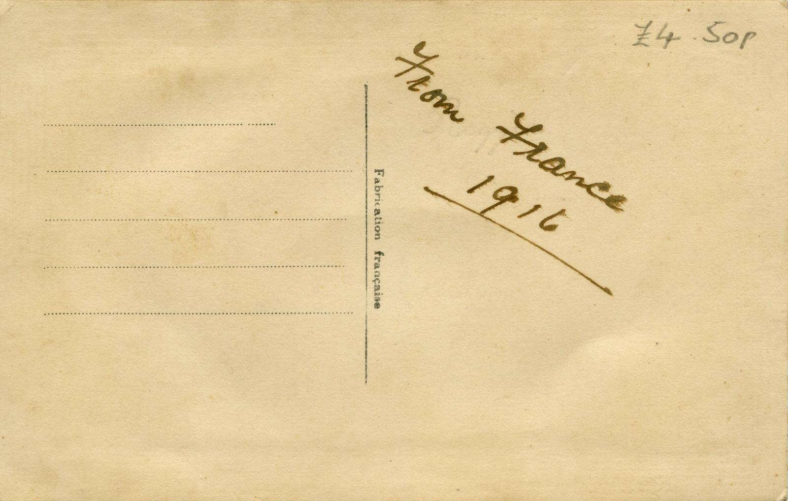 Reverse of WWI silk postcard 'A Kiss from France' sent in 1916