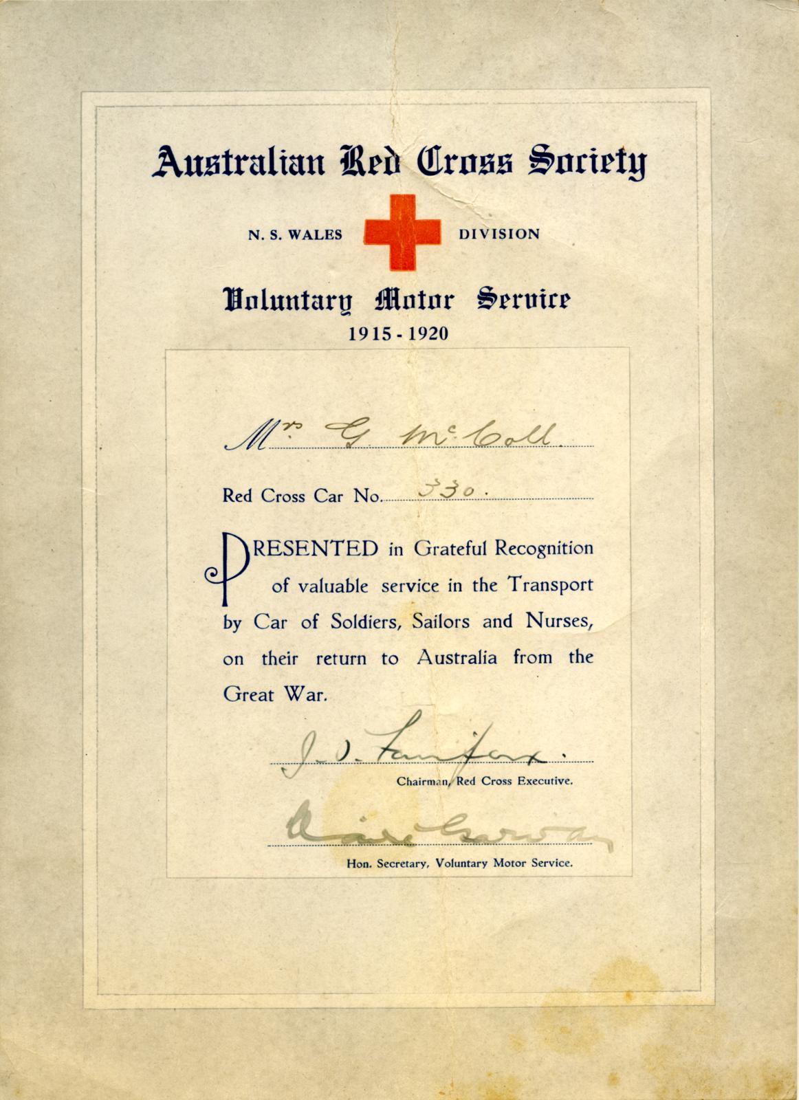 WWI ARCS Voluntary Motor Service certificate