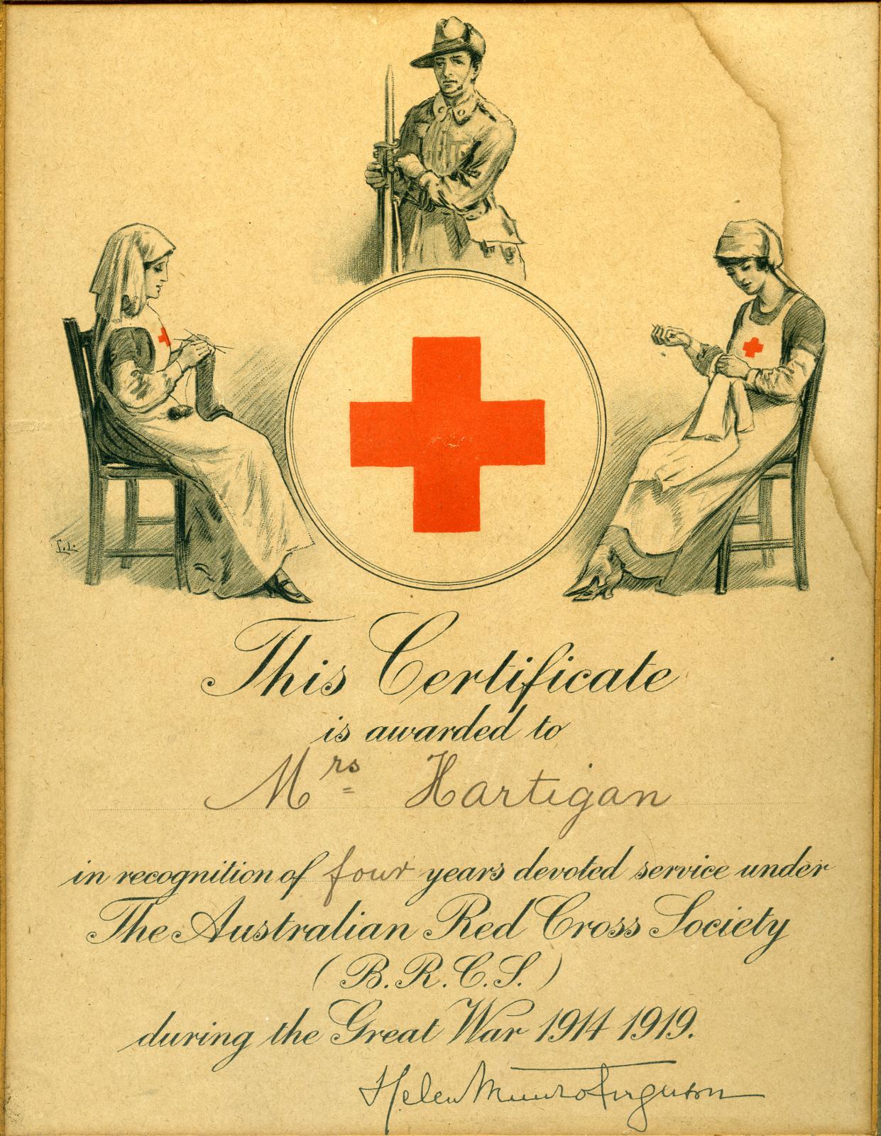 WWI ARCS devoted service certificate awarded to Mrs Hartigan
