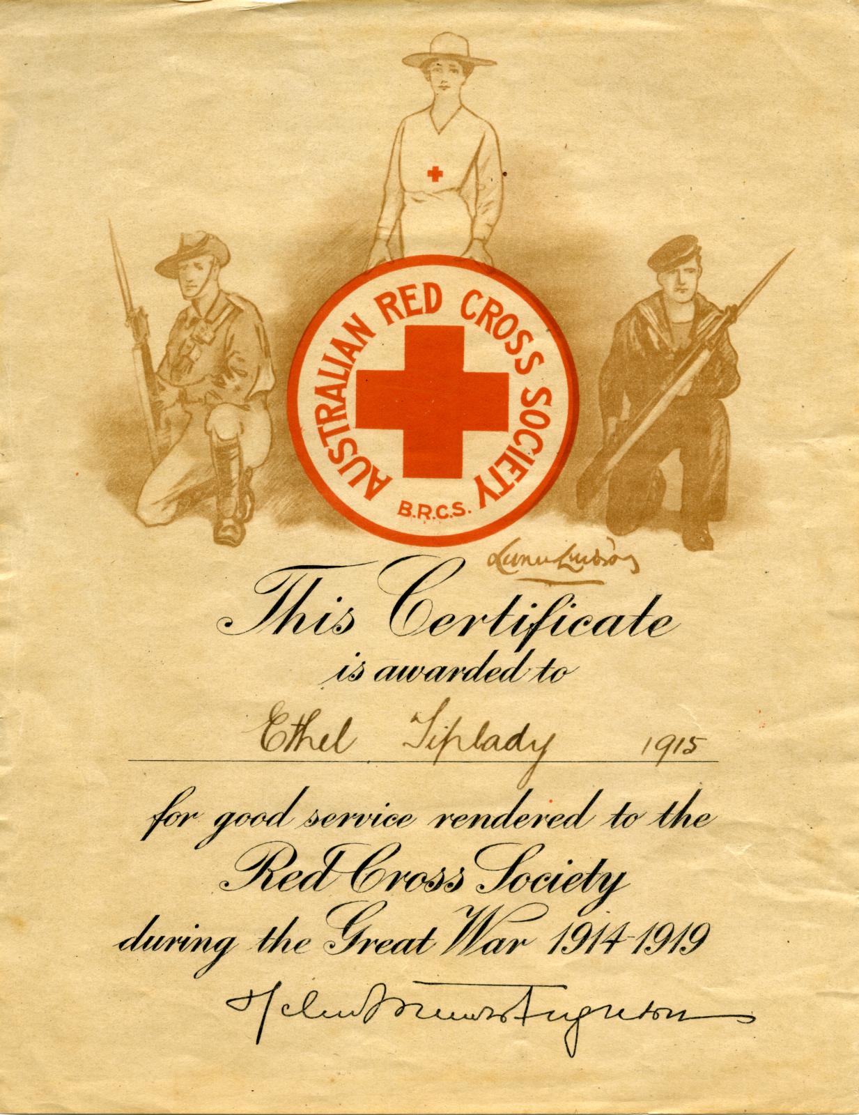WWI ARCS good service certificate awarded to Ethel Tiplady