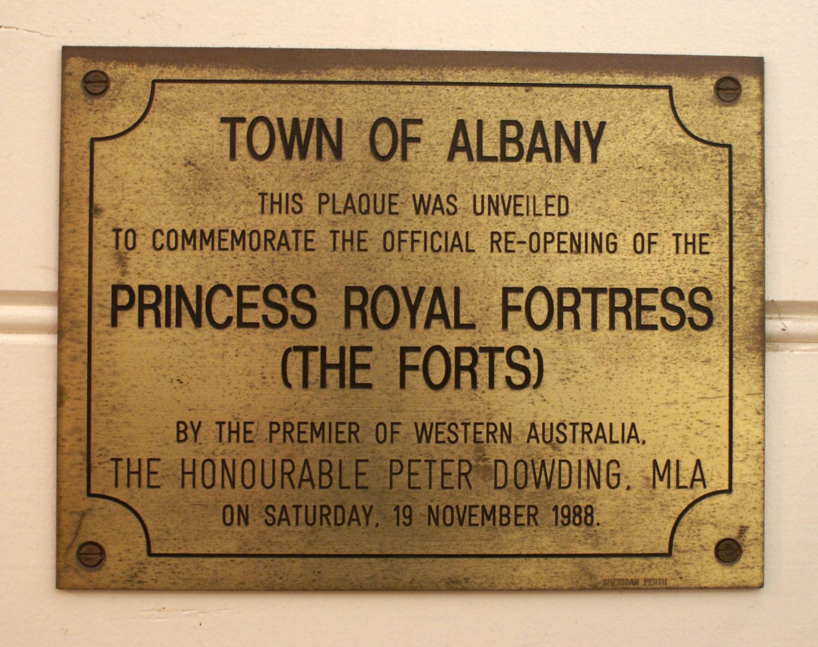 Princess Royal Fortress (The Forts) Re-opening Plaque