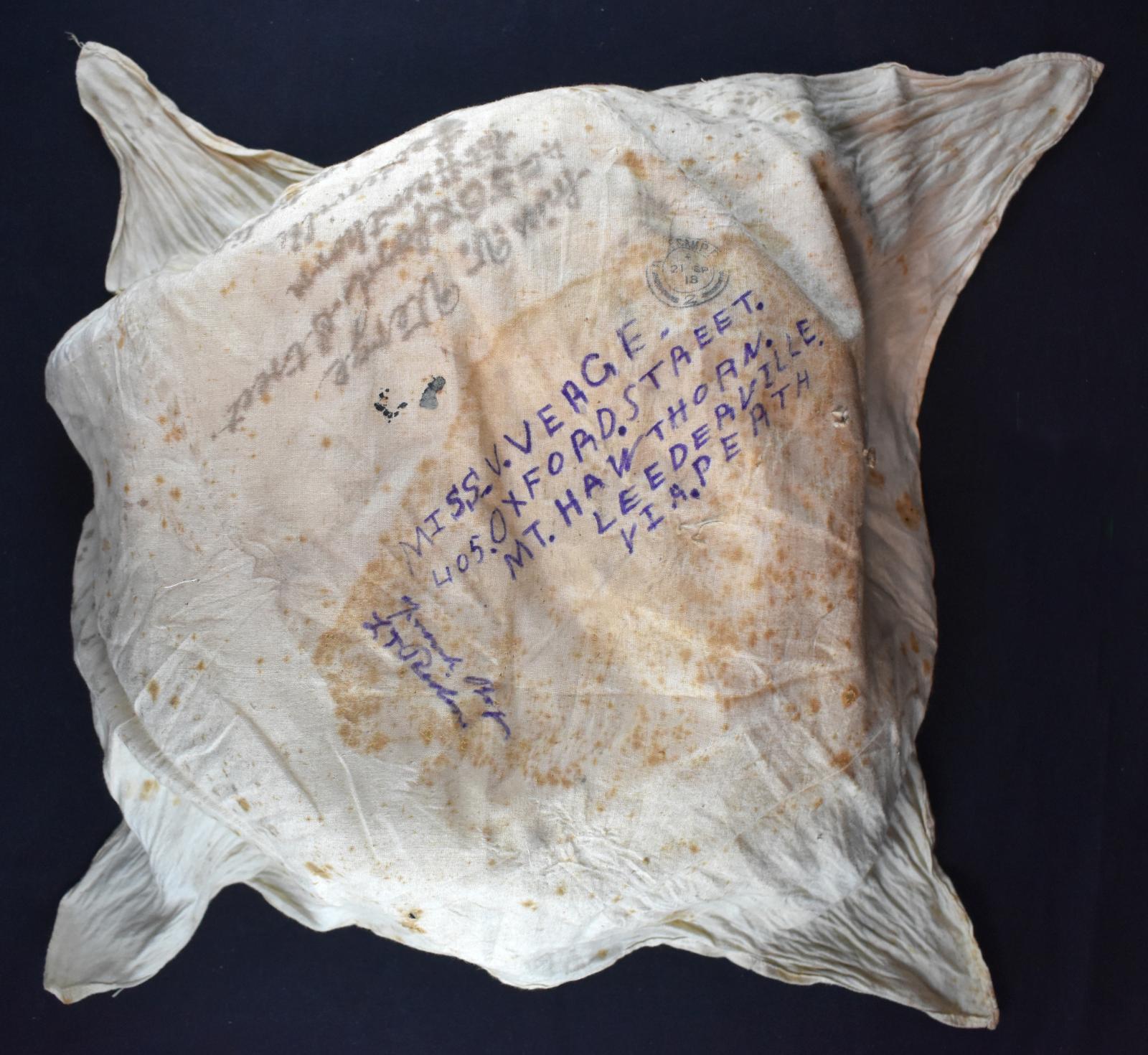 Man’s Handkerchief used for wrapping Postcards from Pte. Edward Charles MOUCHEMORE 6351