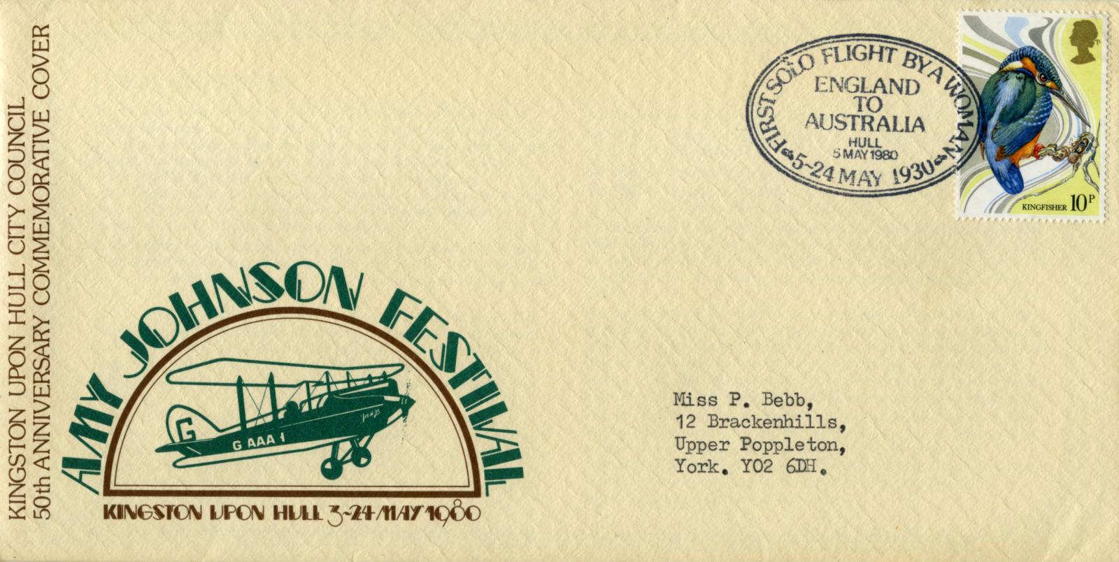 Front of souvenir postal cover issued during the Amy Johnson Festival 