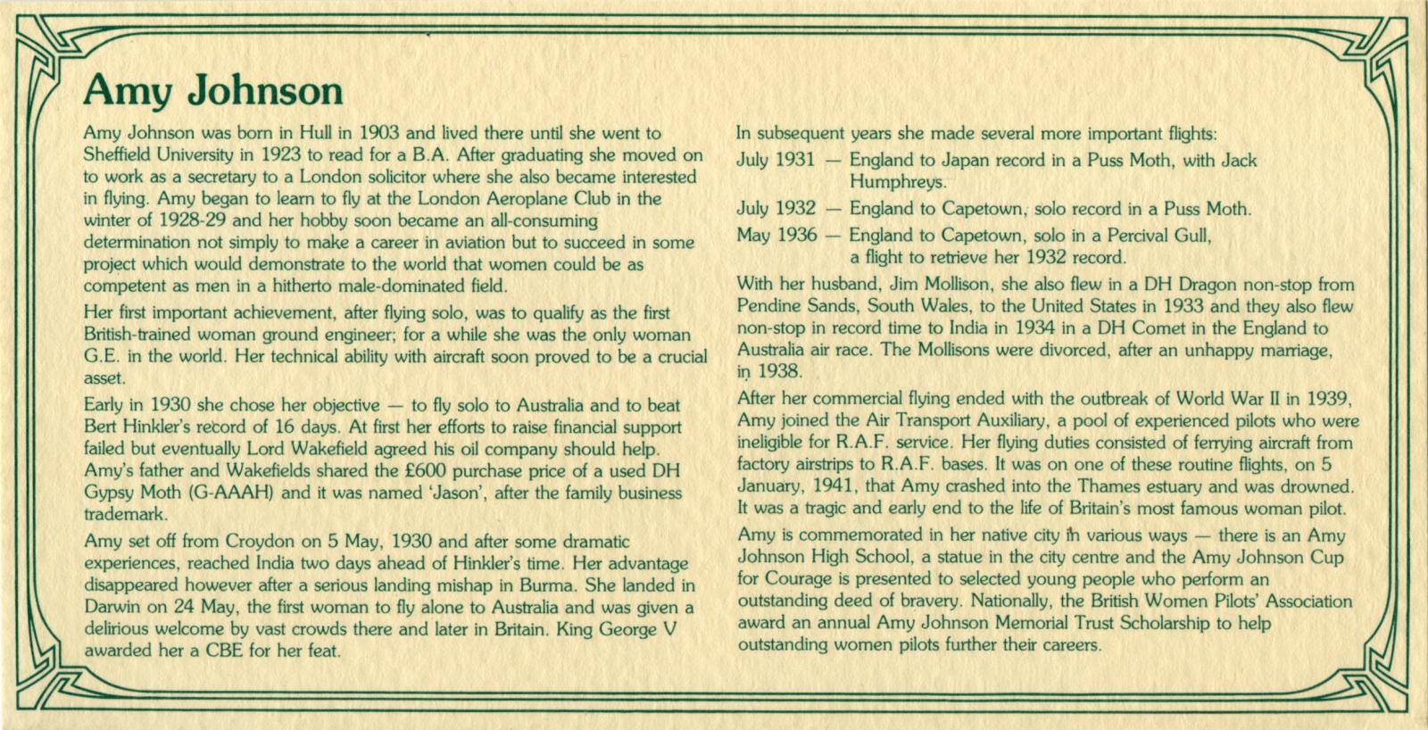 Insert from souvenir postal cover with biography of Amy Johnson