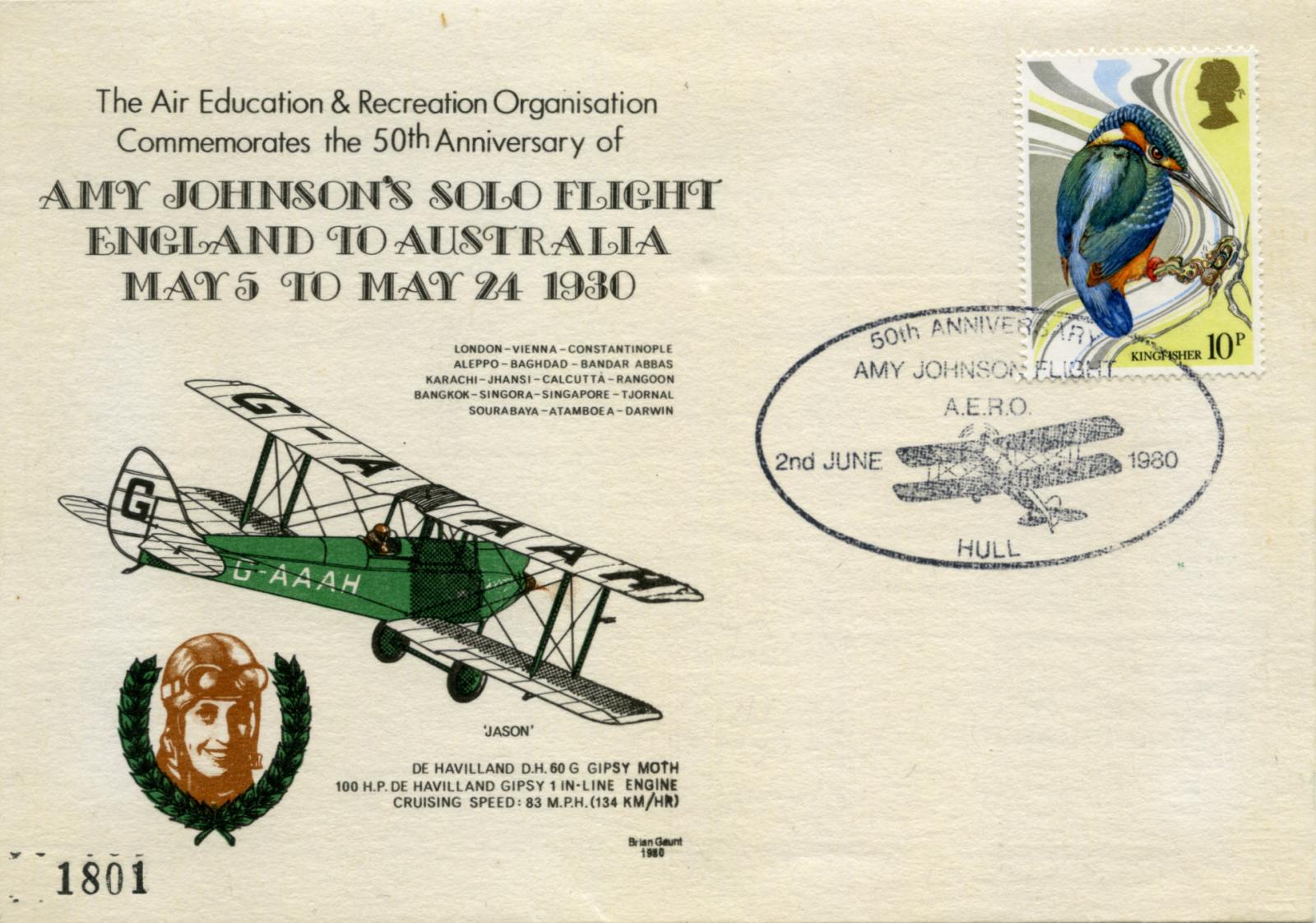 Front of commemorative cover - Amy Johnson 50th Anniversary of flight