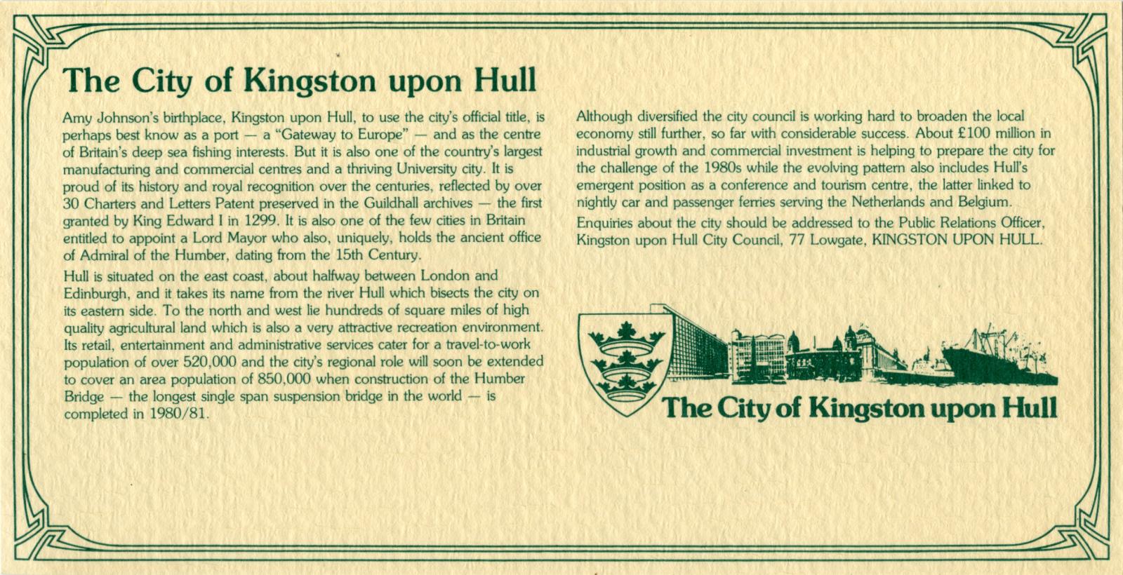 Insert from souvenir postal cover with information about Kingston upon Hull