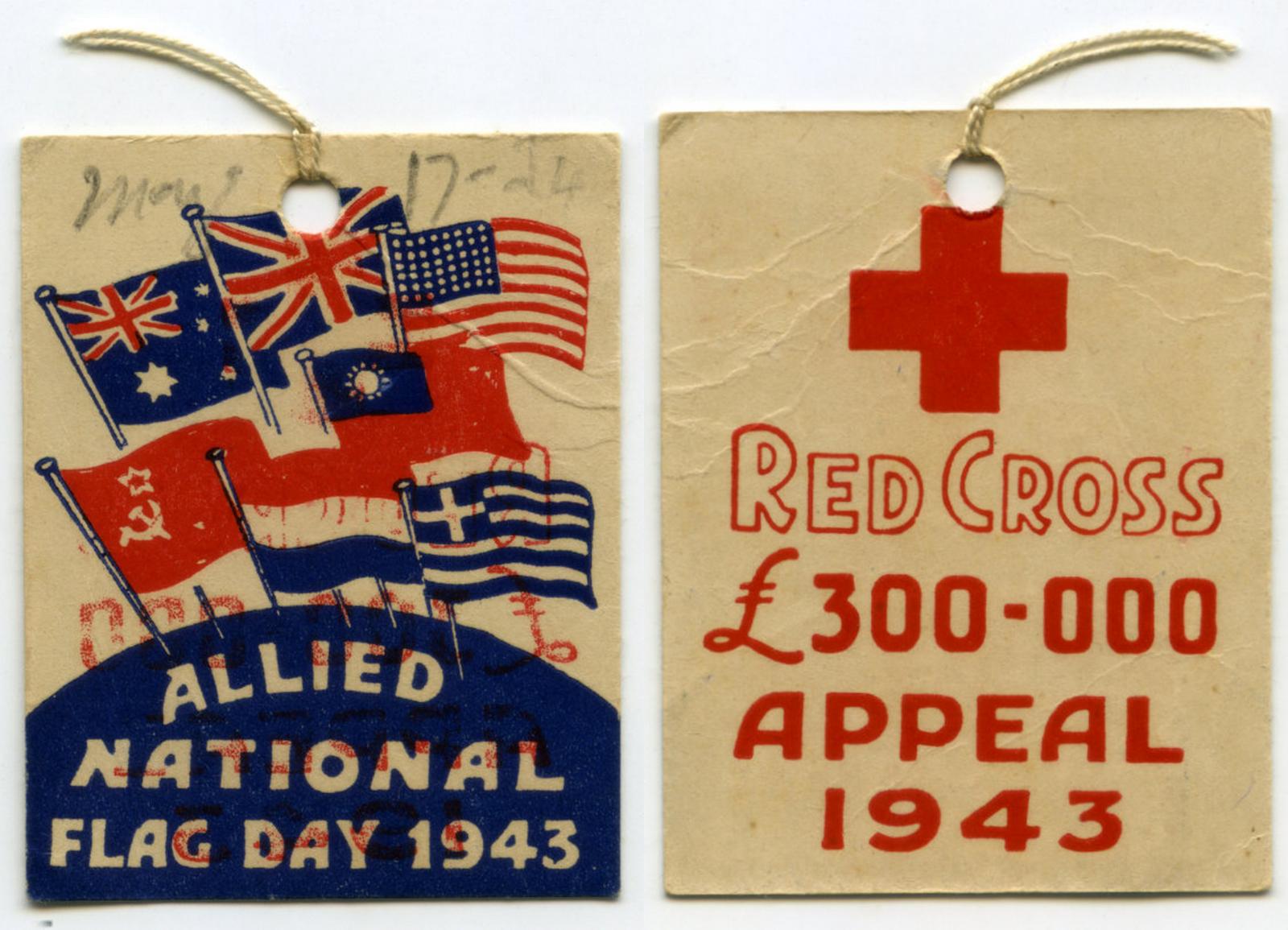 Front and back of second Red Cross Appeal fundraising tag - Allied National Flag Day 1943