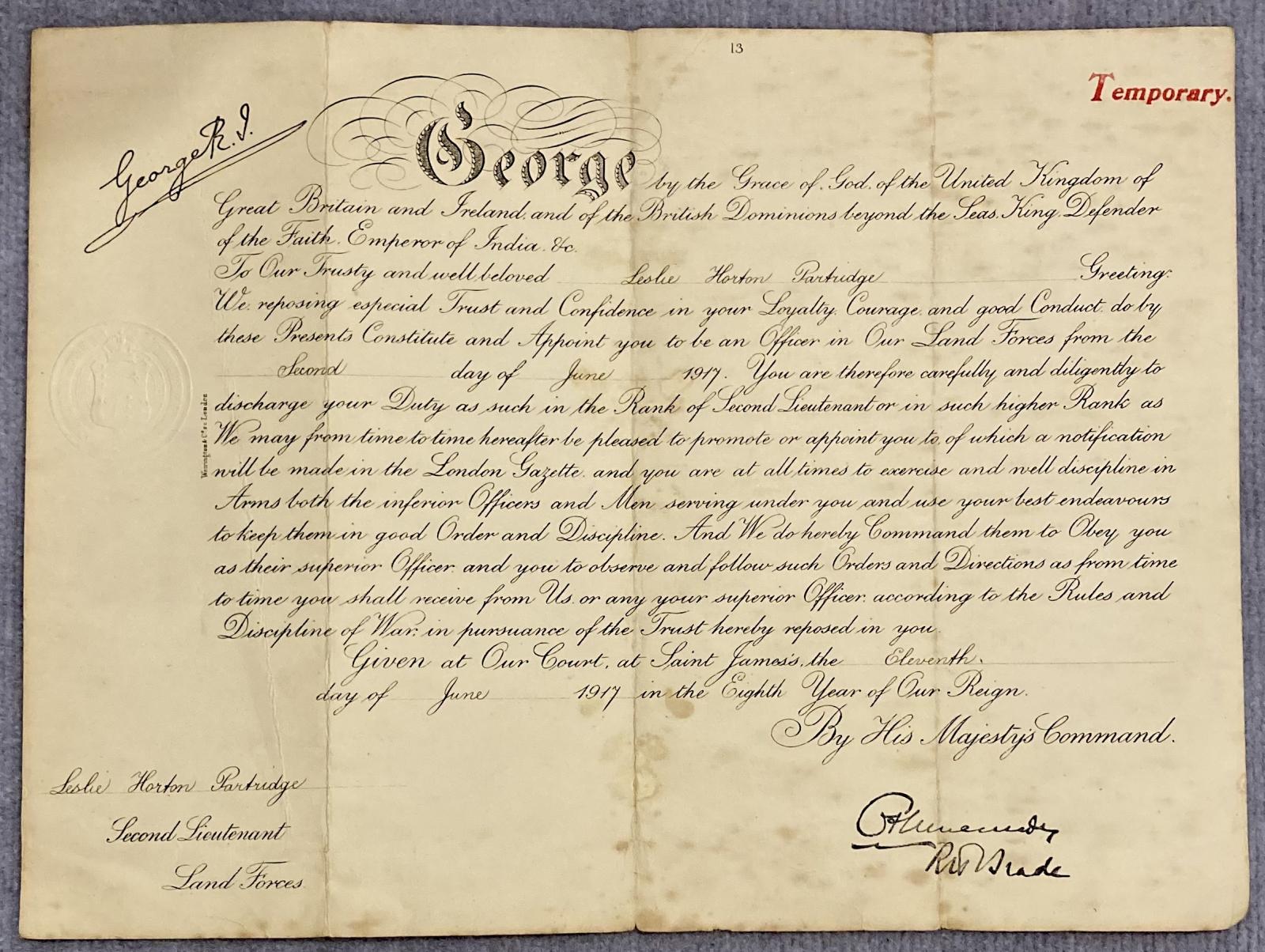 Front of Leslie Horton Partridge Commission document 