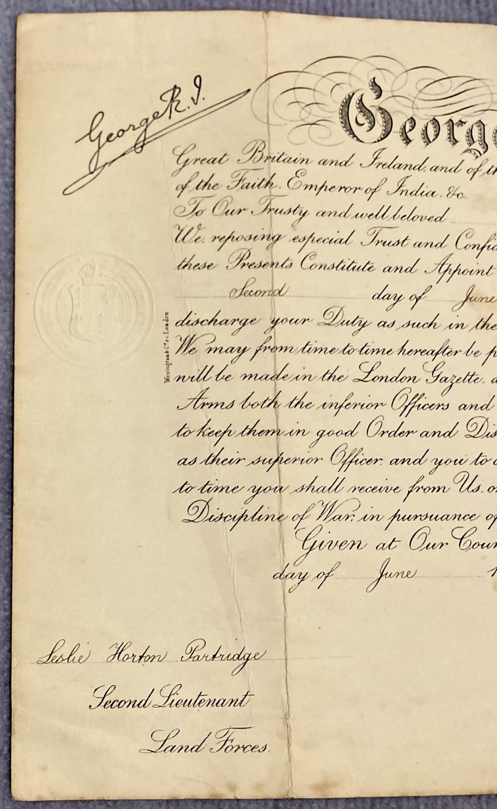 Front of Leslie Horton Partridge Commission document showing impressed seal