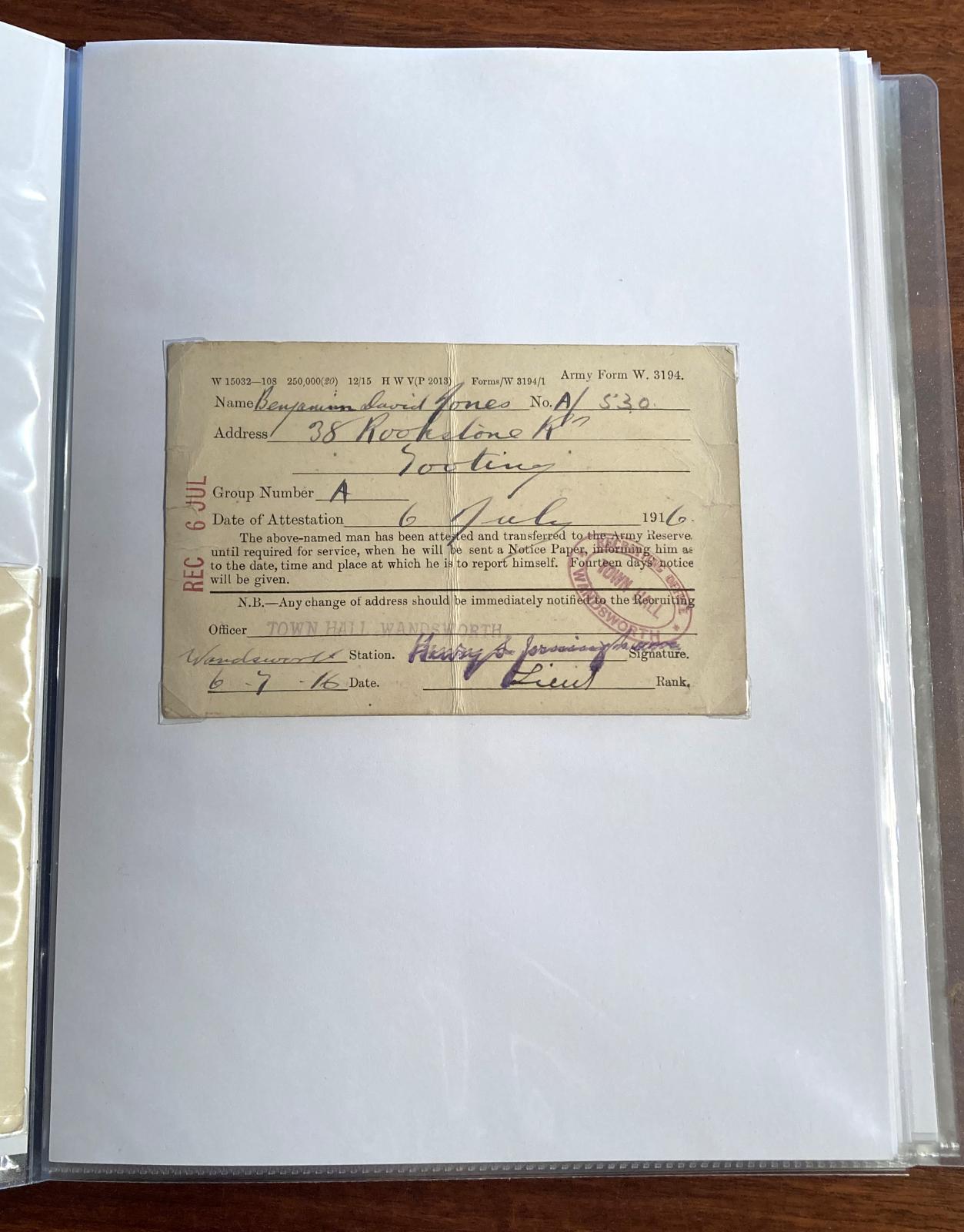 Attestation Card dated 6 July 1916