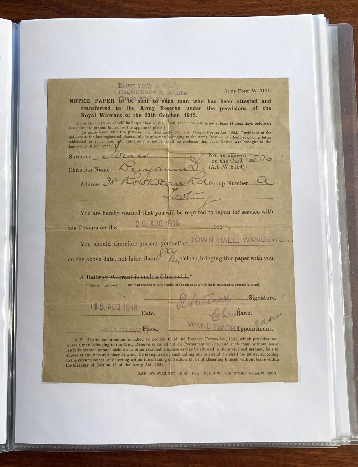Army Reserve Transfer dated 15 August 1916