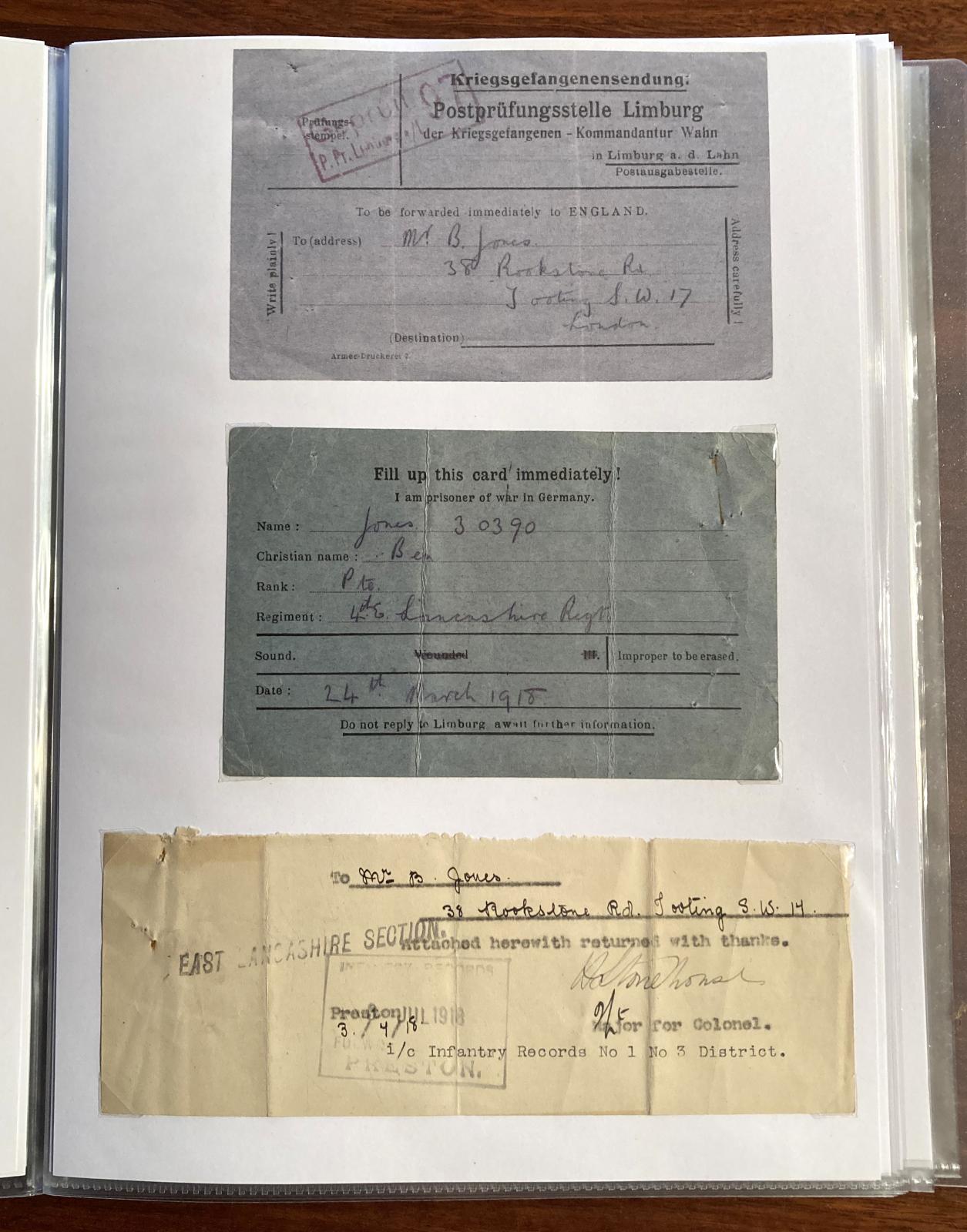 Official POW card sent to parents dated 24 March 1918