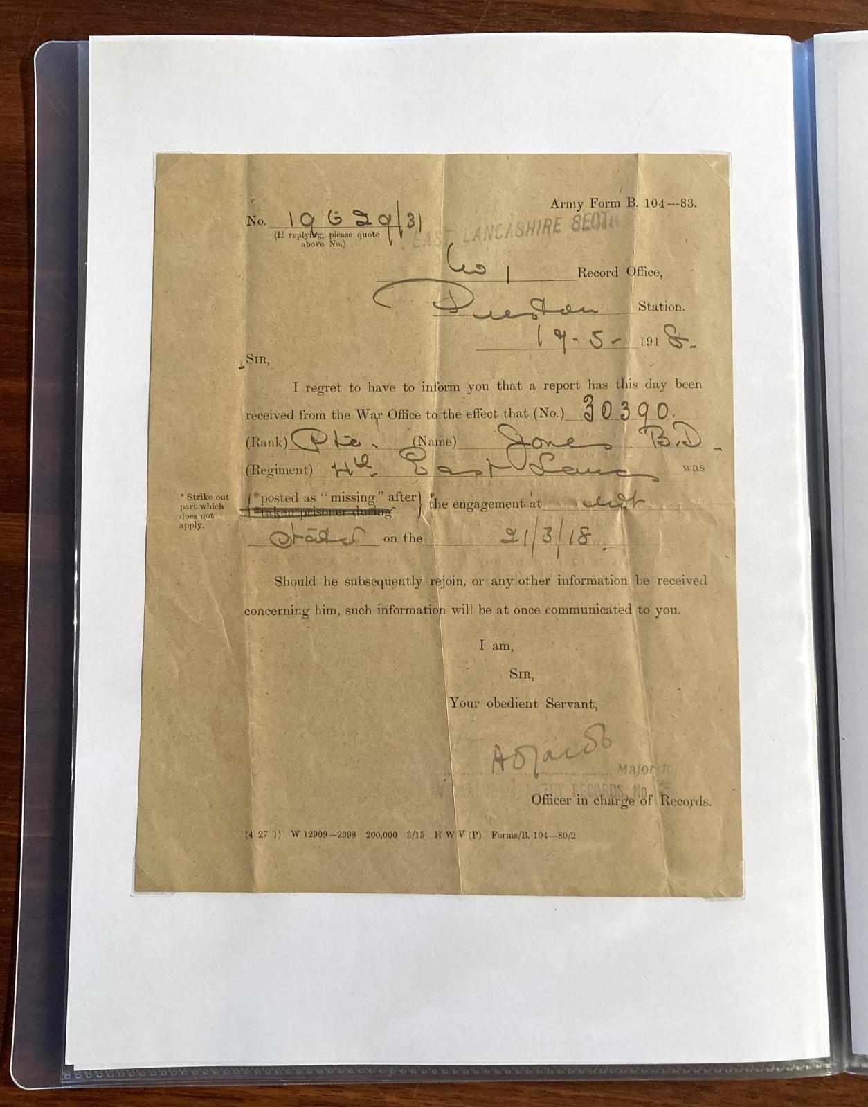 Official notification sent to parents dated 19 May 1918
