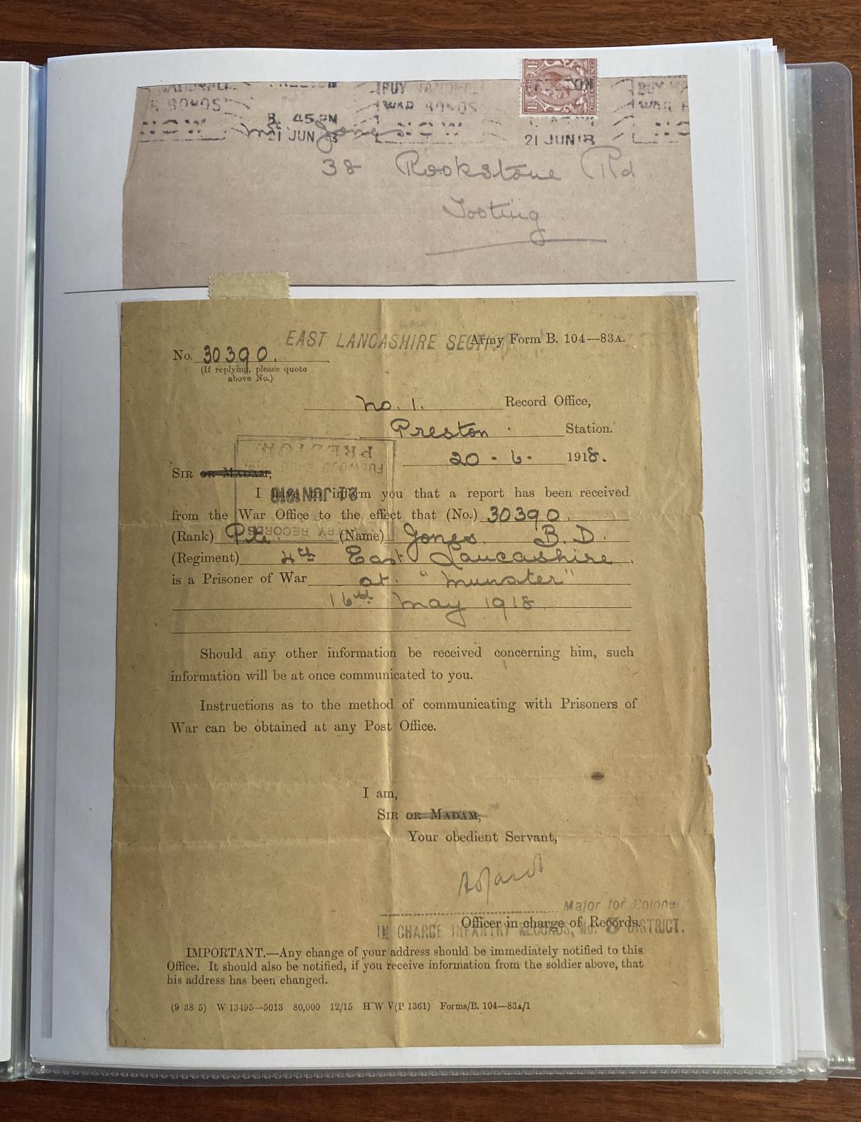 Official notification sent to parents dated 20 June 1918