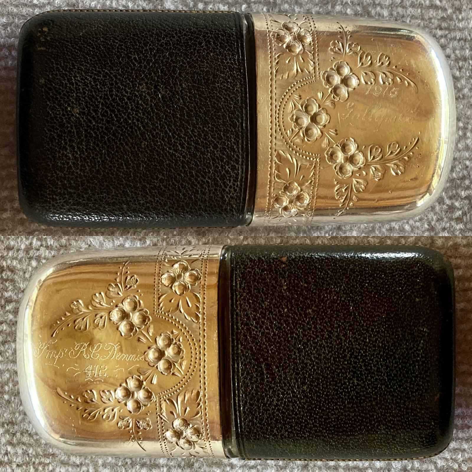 Side views of hip flask with leather base cover and silver lid