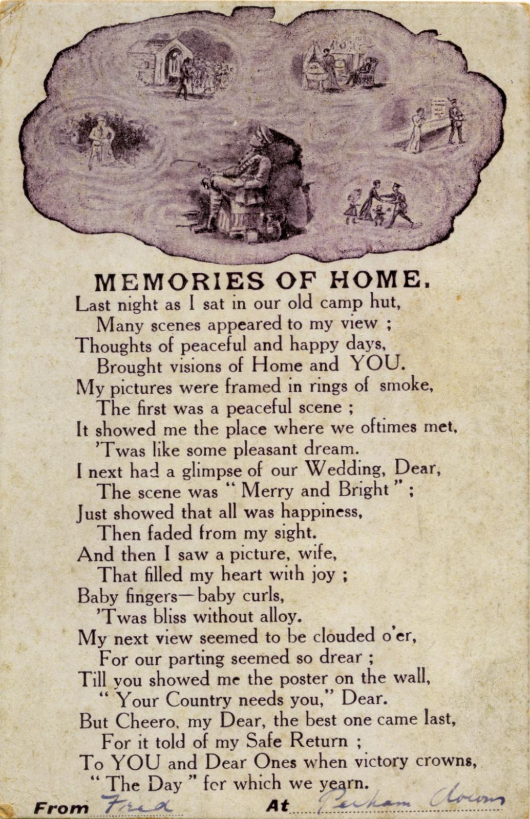 WWI postcard sent by Fred from Perham Down Camp