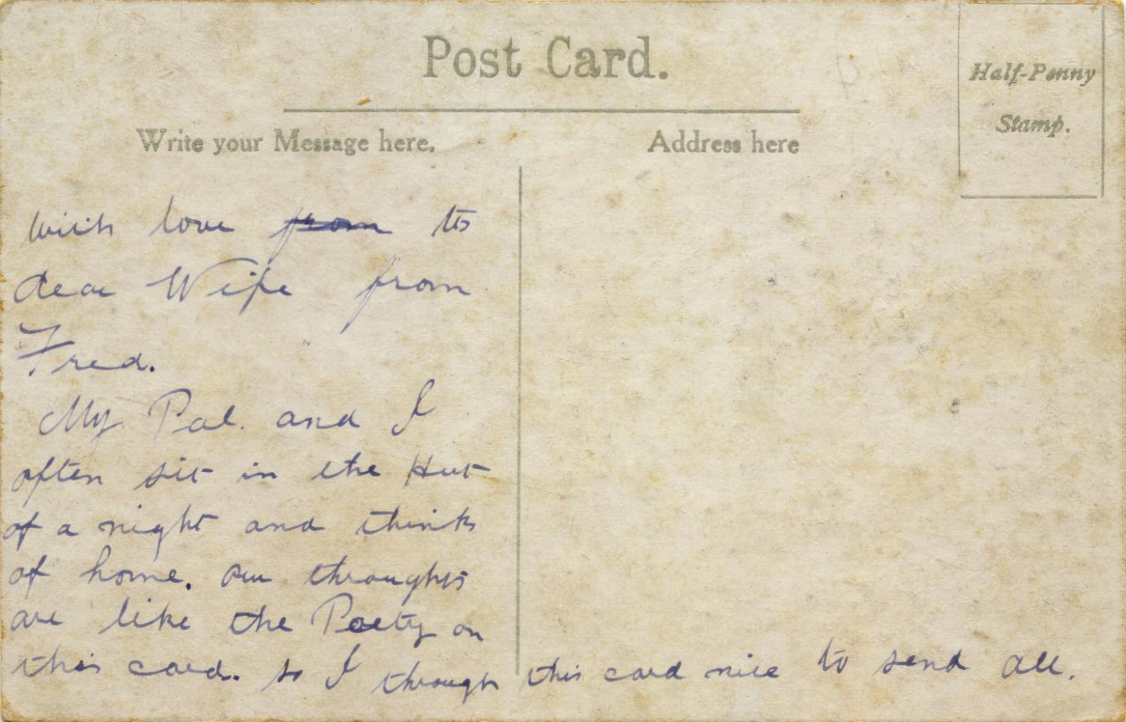 Reverse of WWI postcard sent by Fred from Perham Down Camp