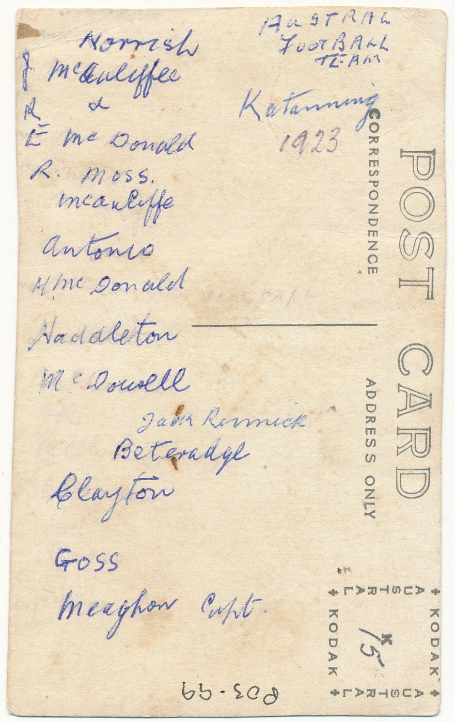 Back of Postcard of Australs Football Club
