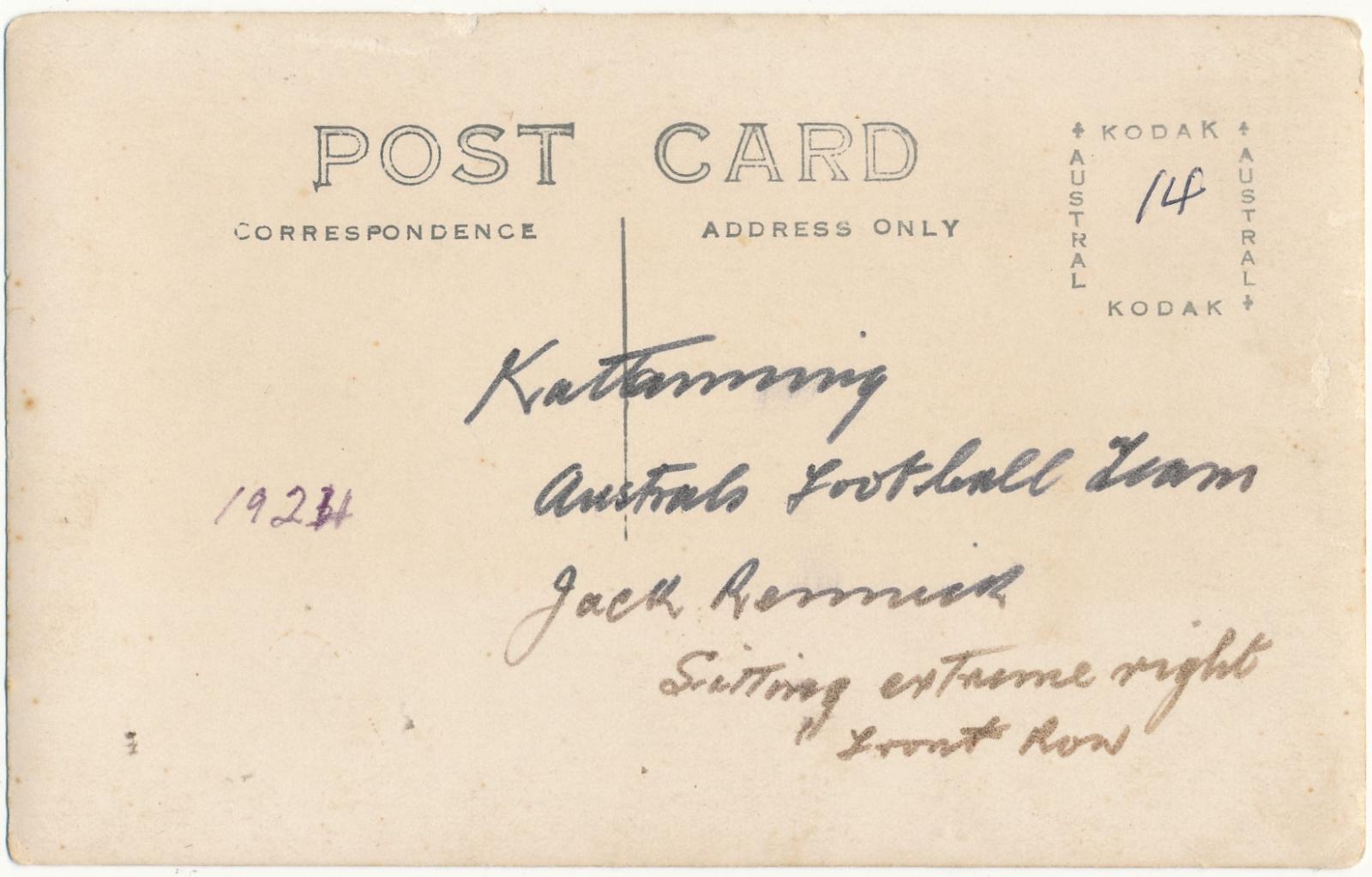 Back of postcard of Australs Football Club