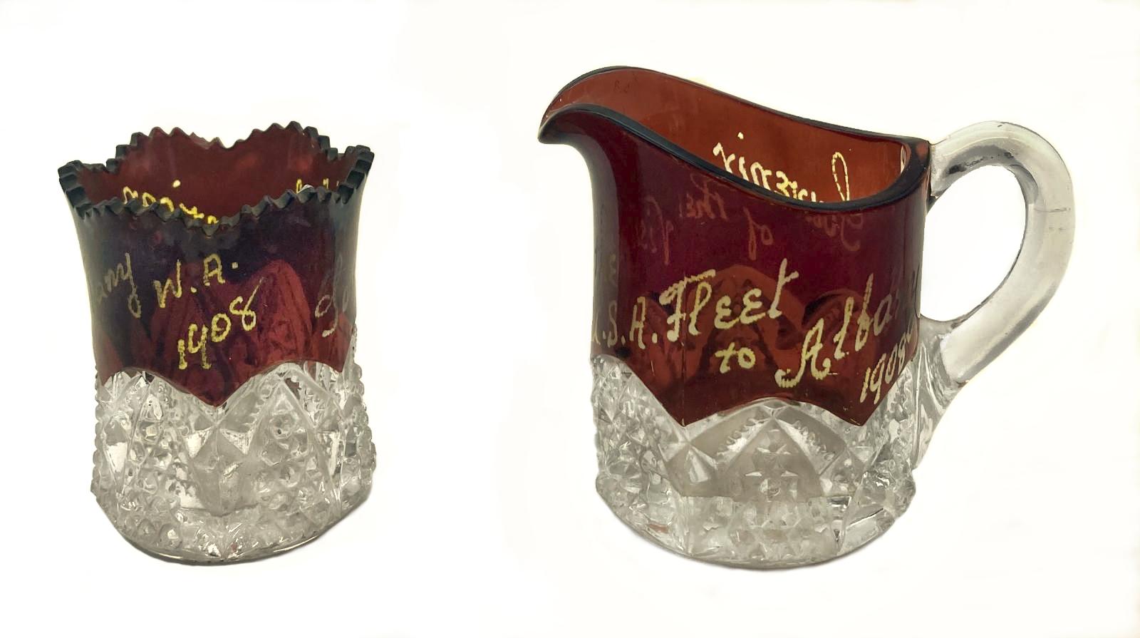 Glass and jug souvenirs from visit to Albany of the Great White Fleet