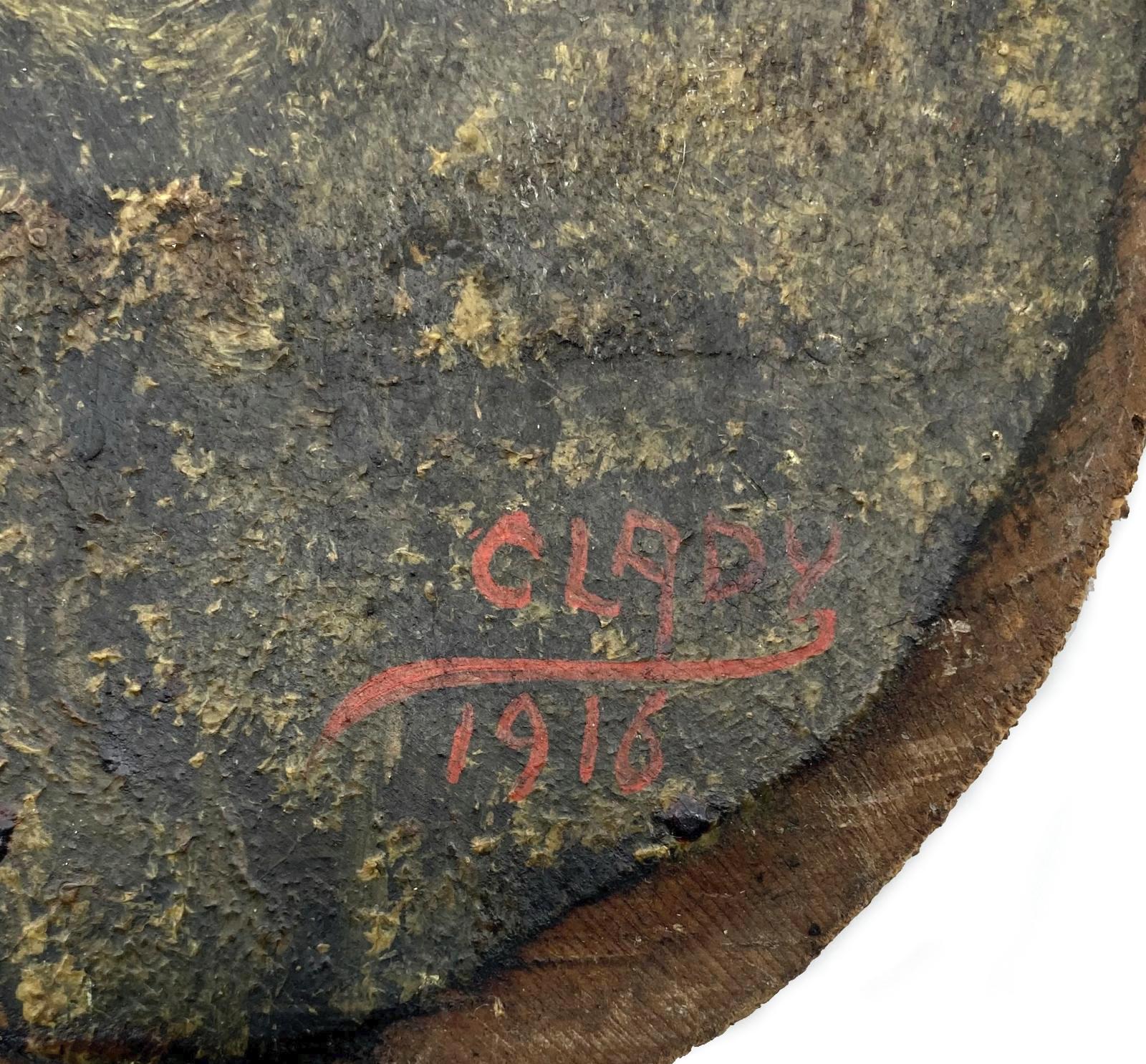 Close-up of WWI era photo découpage hand painted plaque showing signature and date - 1