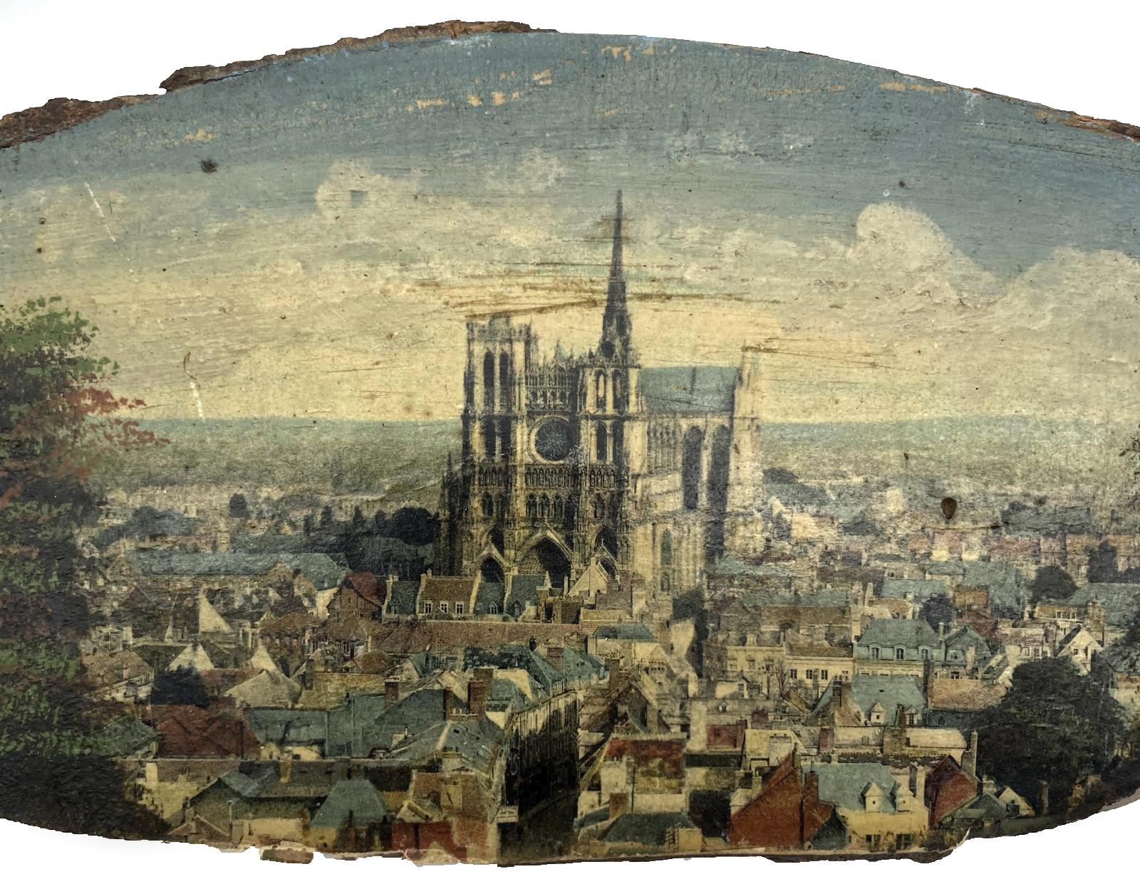 Close-up of central area of WWI era hand painted plaque - Amiens