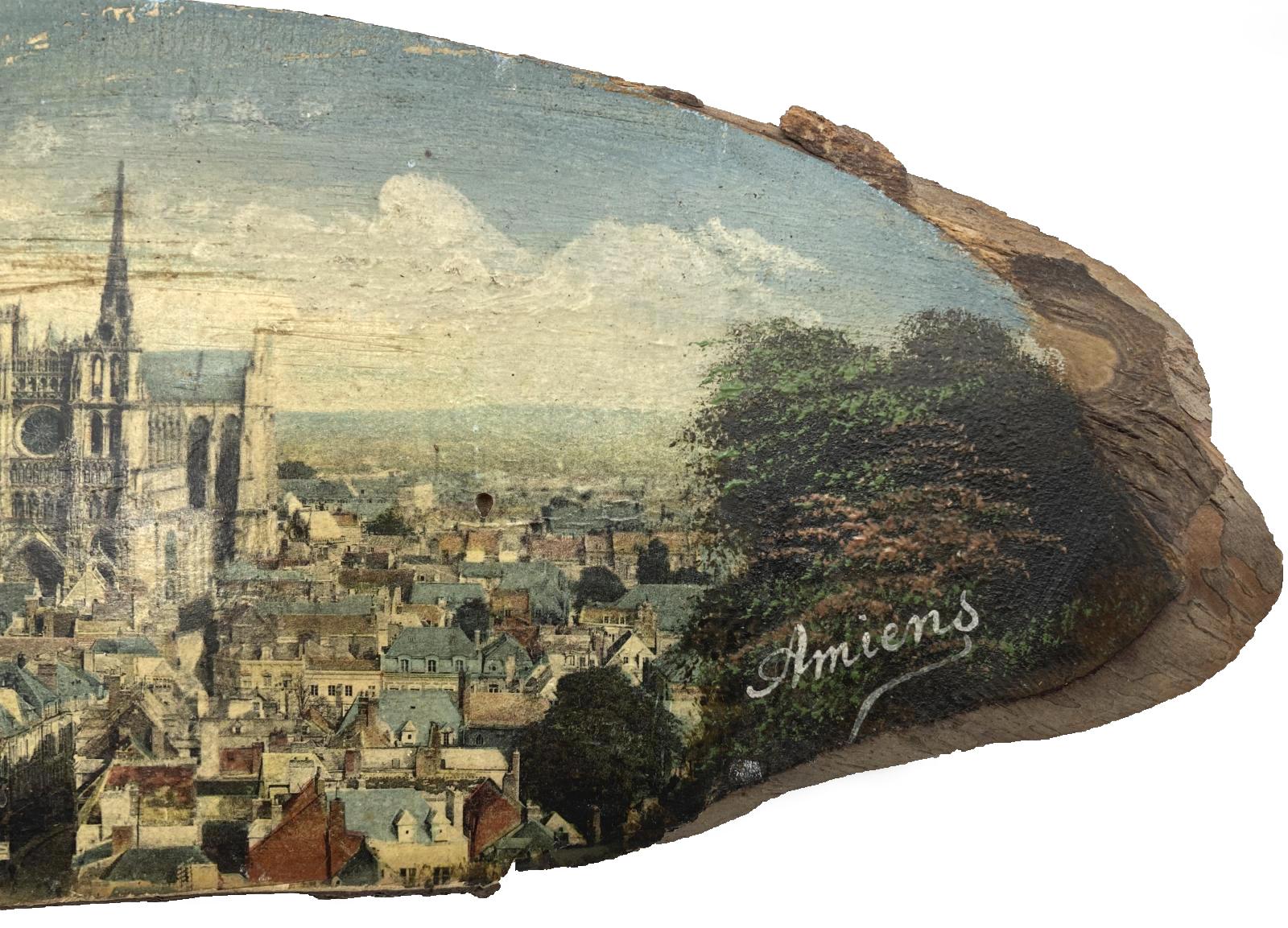 Close-up of right hand area of WWI era hand painted plaque - Amiens
