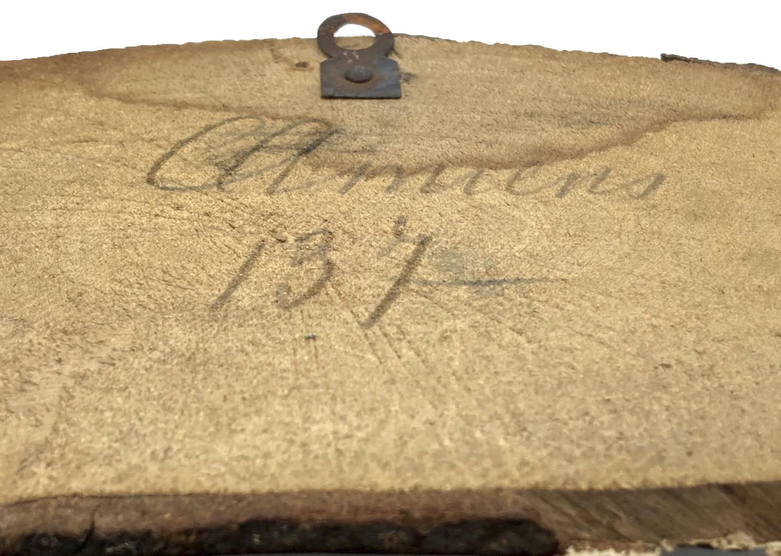 Close-up of reverse of WWI era hand painted plaque - Amiens