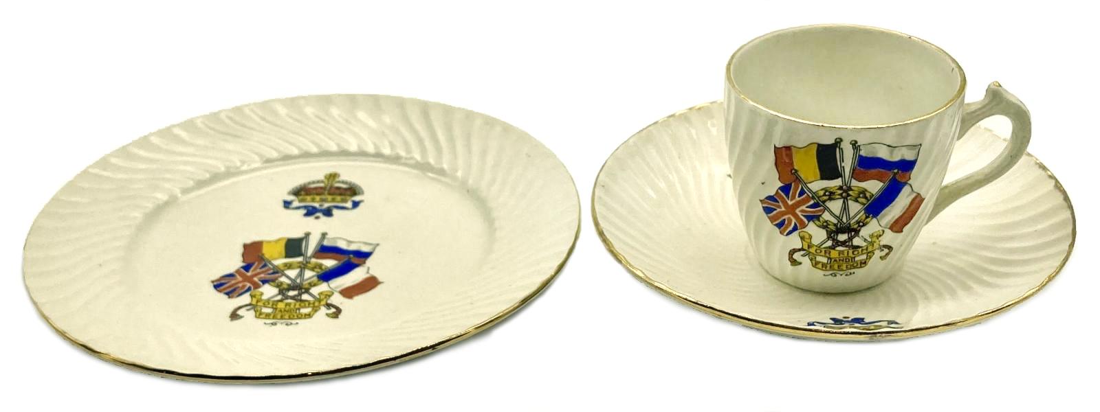 WWI era patriotic bone china cup, saucer and plate set