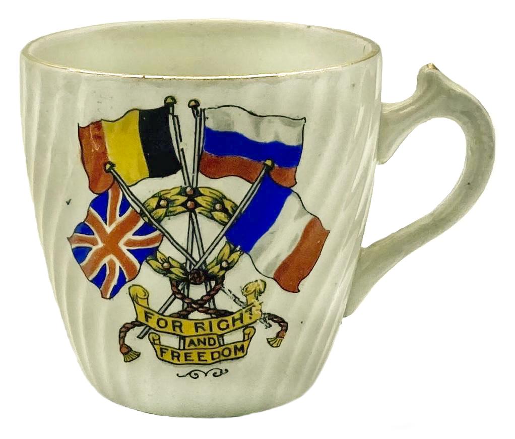 Front view of WWI era patriotic bone china cup 