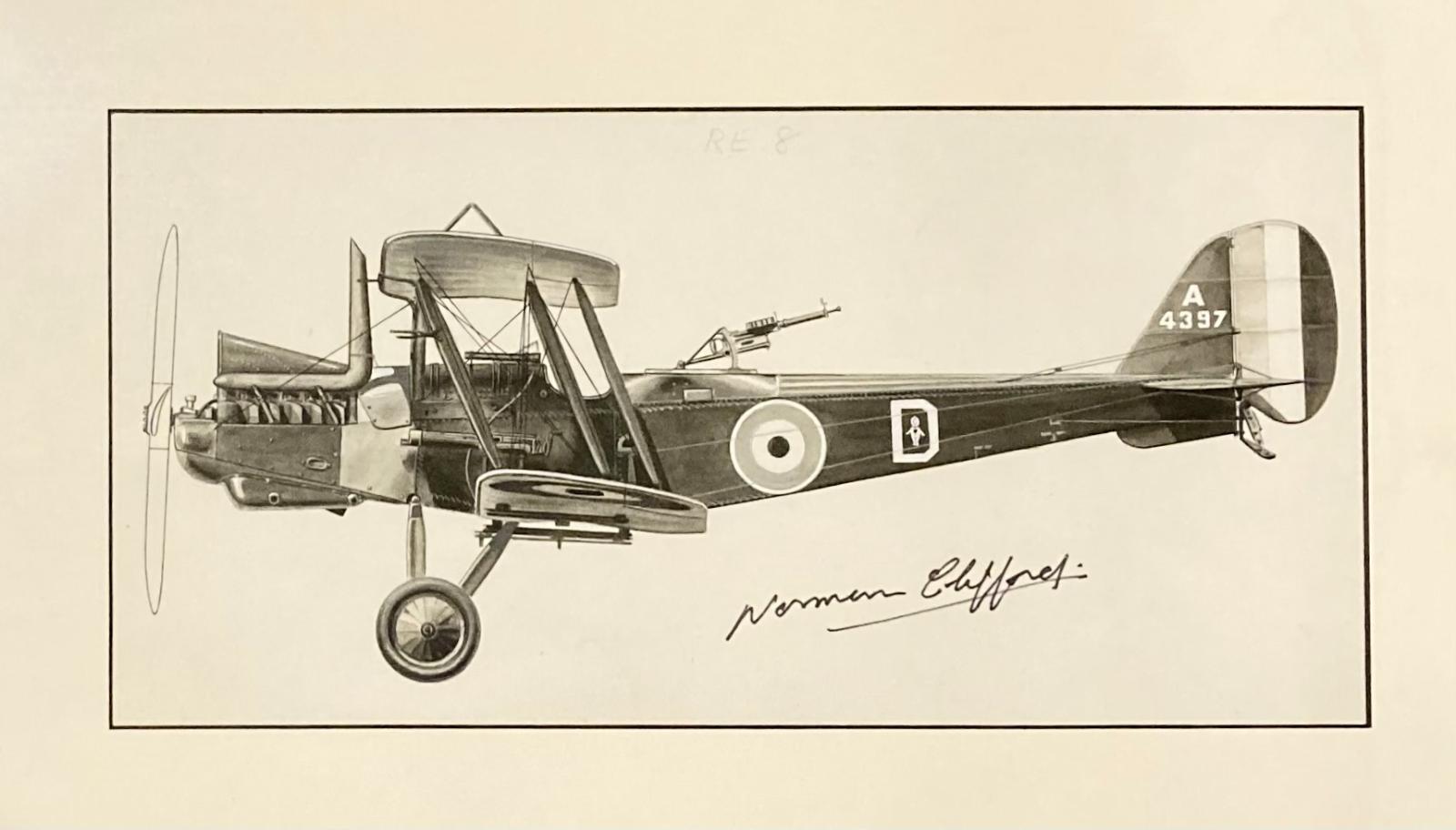 Close up of Norman Clifford profile drawing - Royal Aircraft Factory R.E.8 - A4397