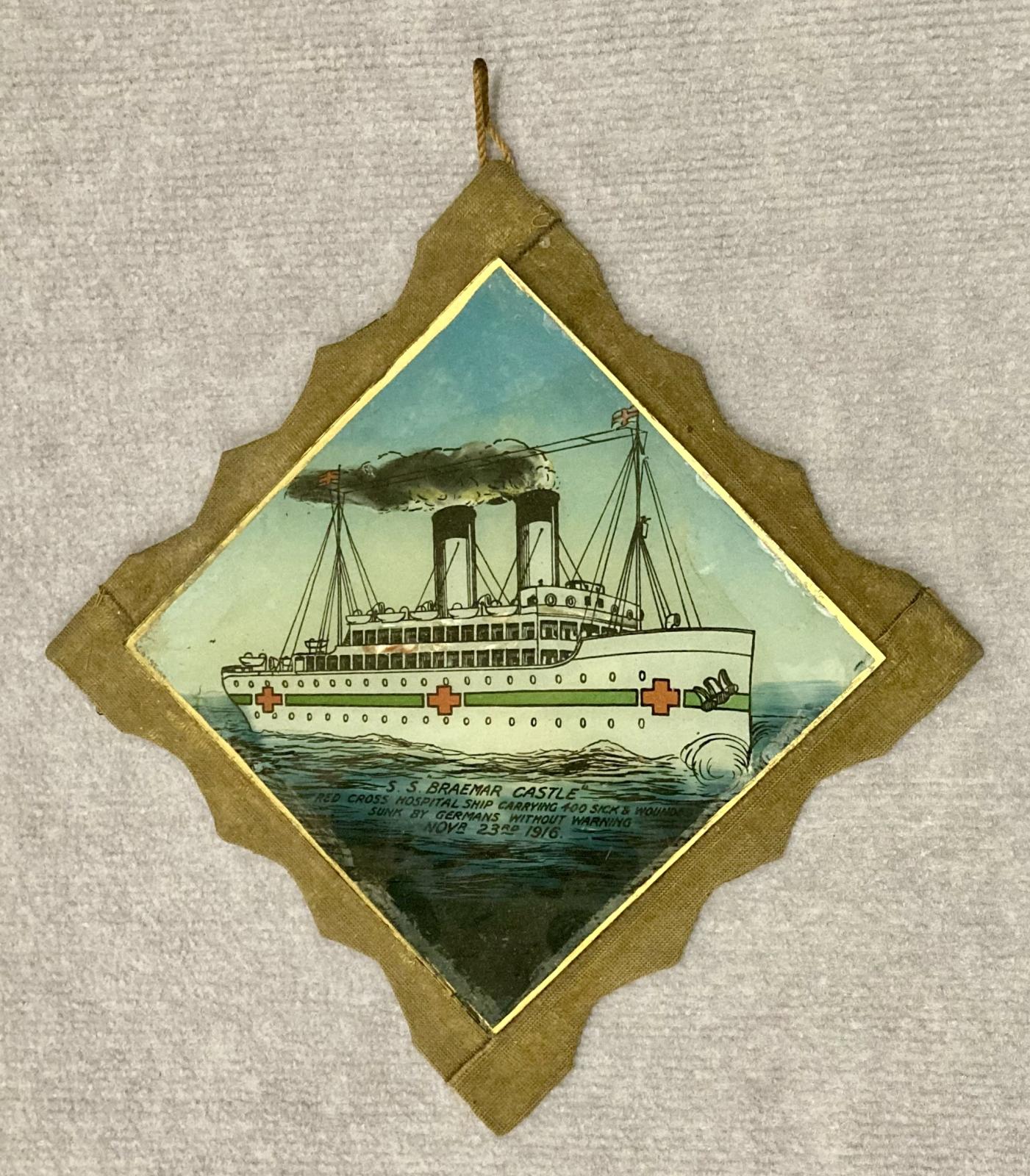 Reverse glass painting memorial to hospital ship S.S. Braemar Castle