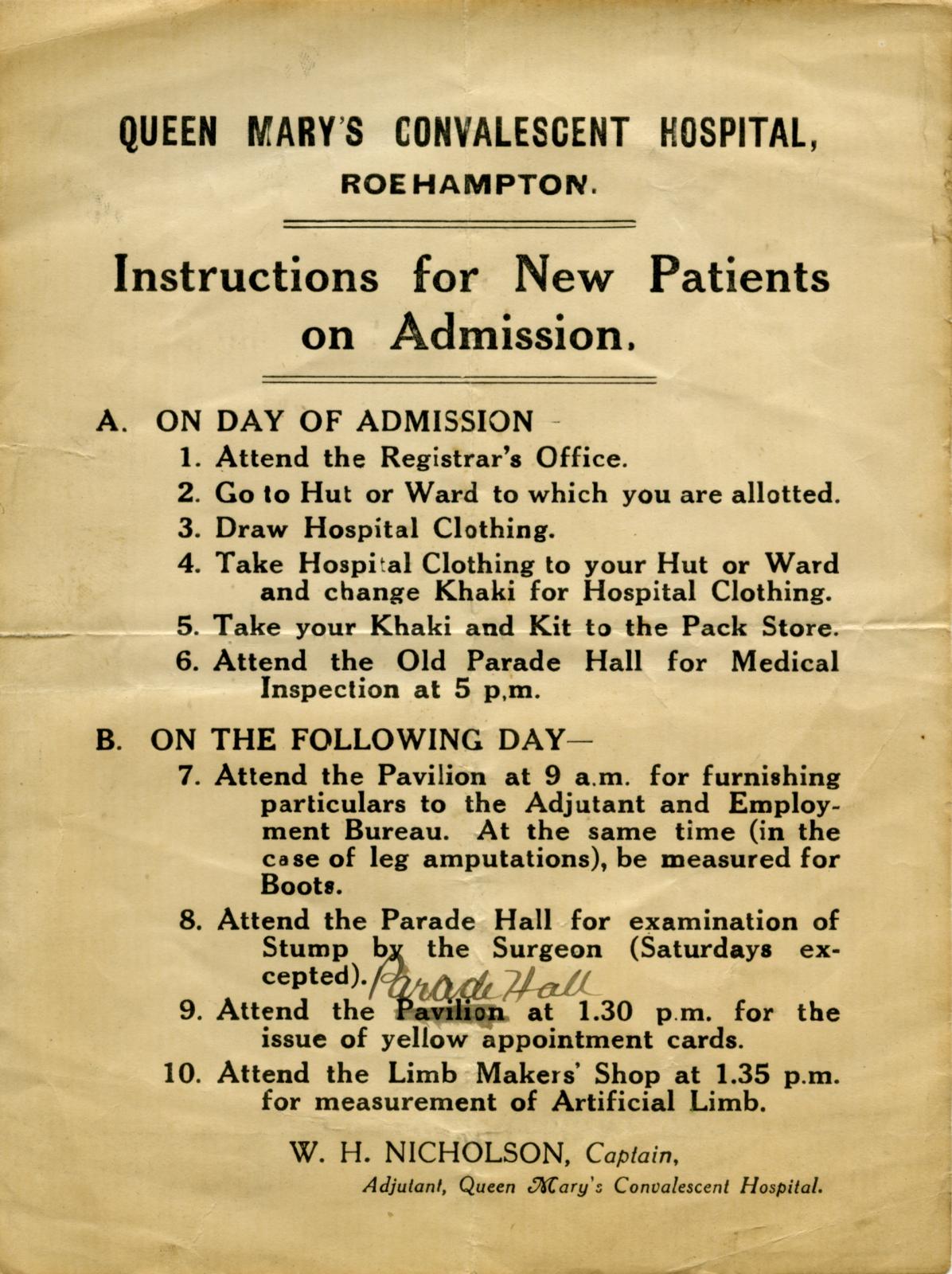 Queen Mary's Convalescent Hospital, Roehampton 'Instructions for New Patients on Admissio
