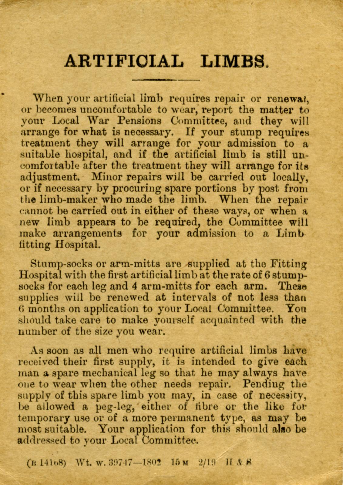 Information about artificial limbs issued to Benjamin David Jones