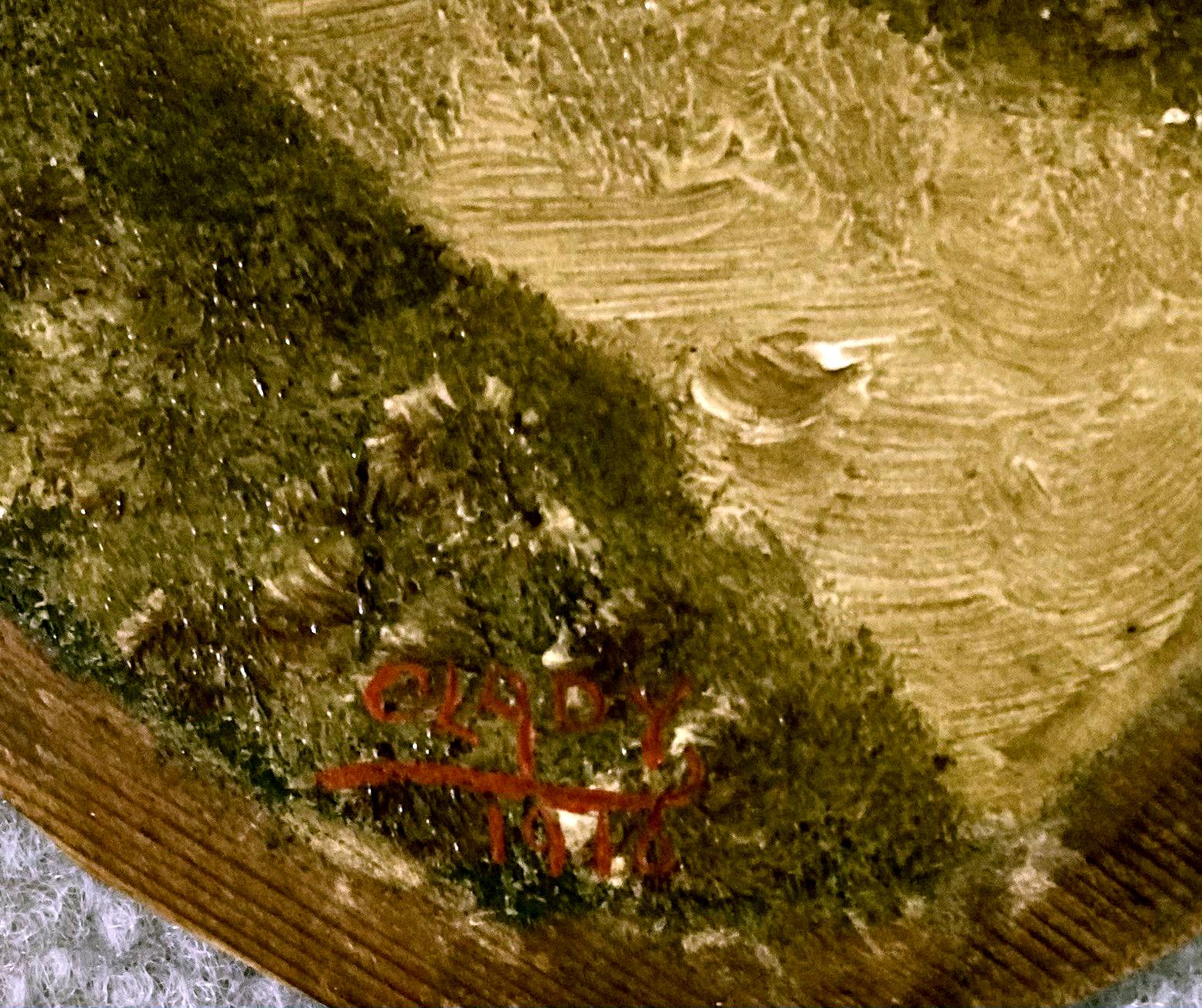 Close-up of WWI era photo découpage hand painted plaque showing signature and date - 2