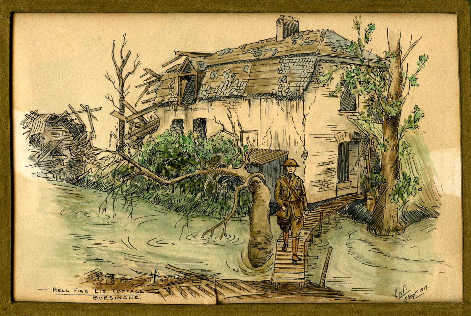 Close up of Leslie Horton Partridge watercolour - Boesinghe, 1 September 1917