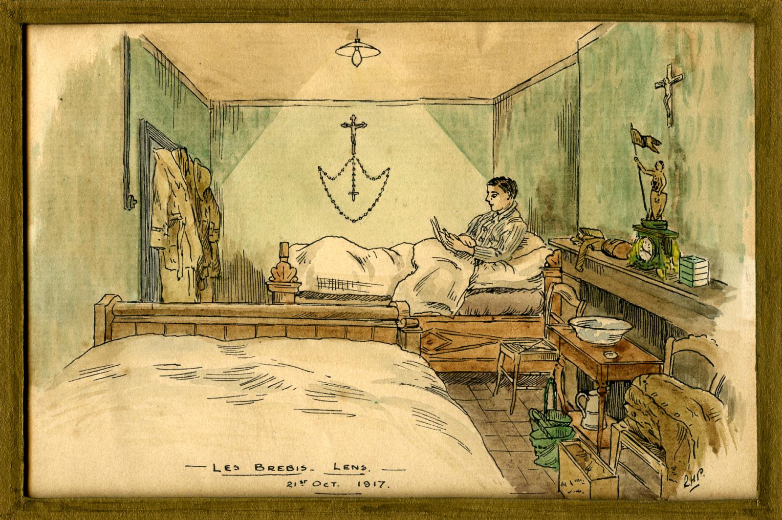 Close up of Leslie Horton Partridge watercolour - Les Brebis, Lens, 19 October 1917