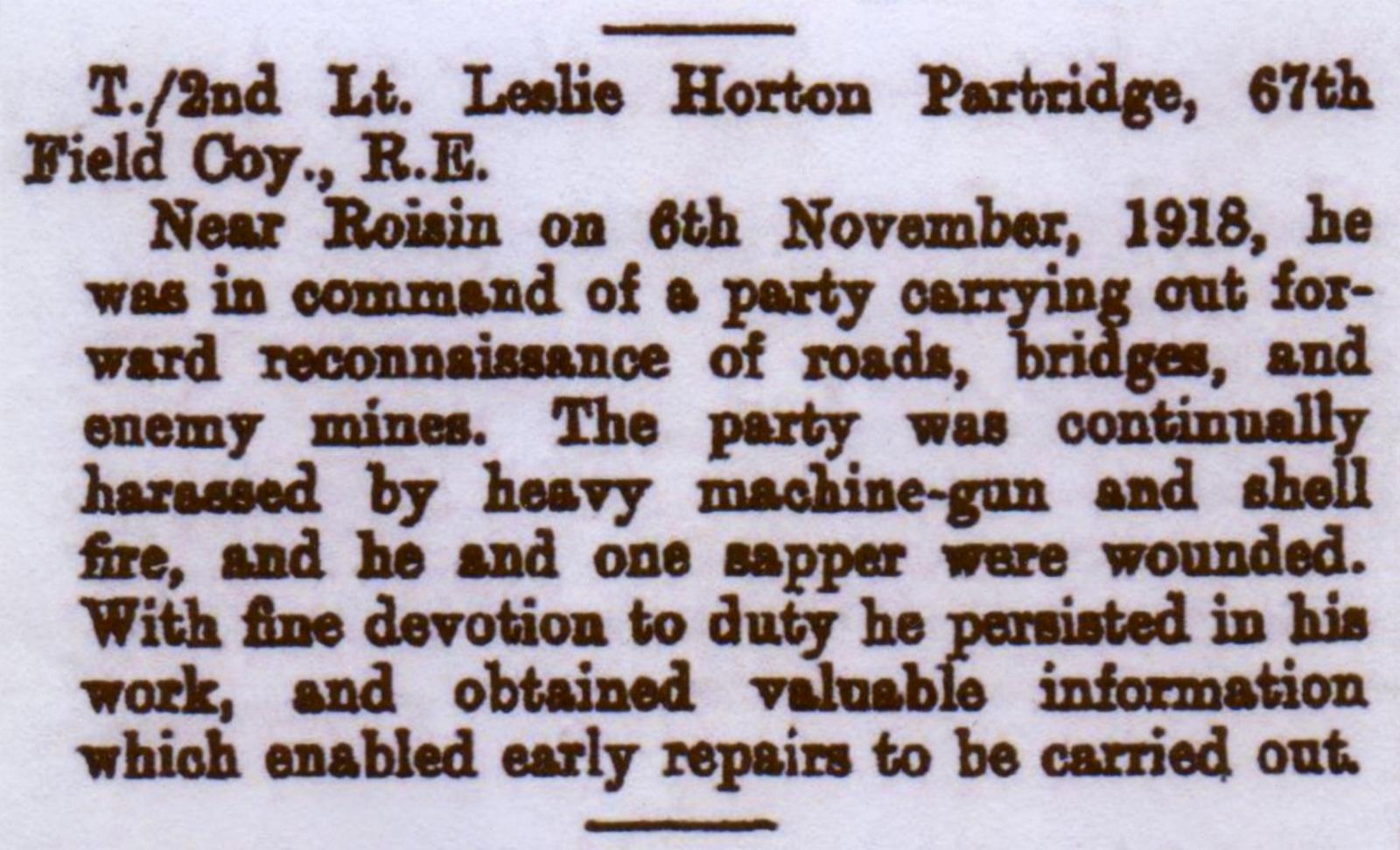 Leslie Horton Partridge citation for Military Model
