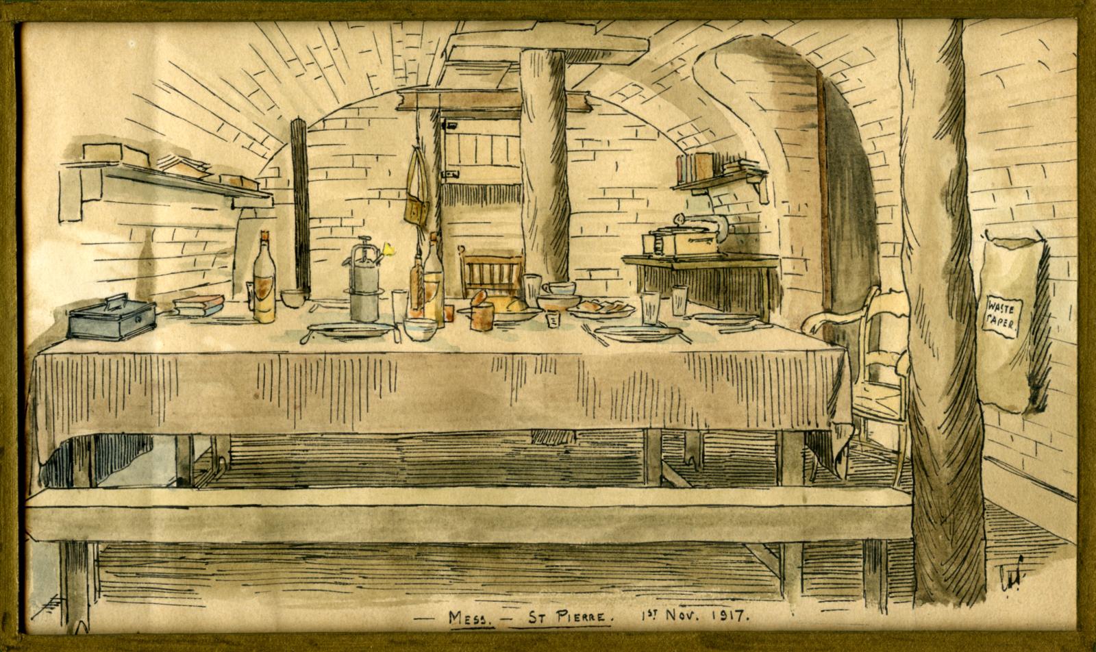 Close up of Leslie Horton Partridge watercolour - Mess St. Pierre, 1 November 1917