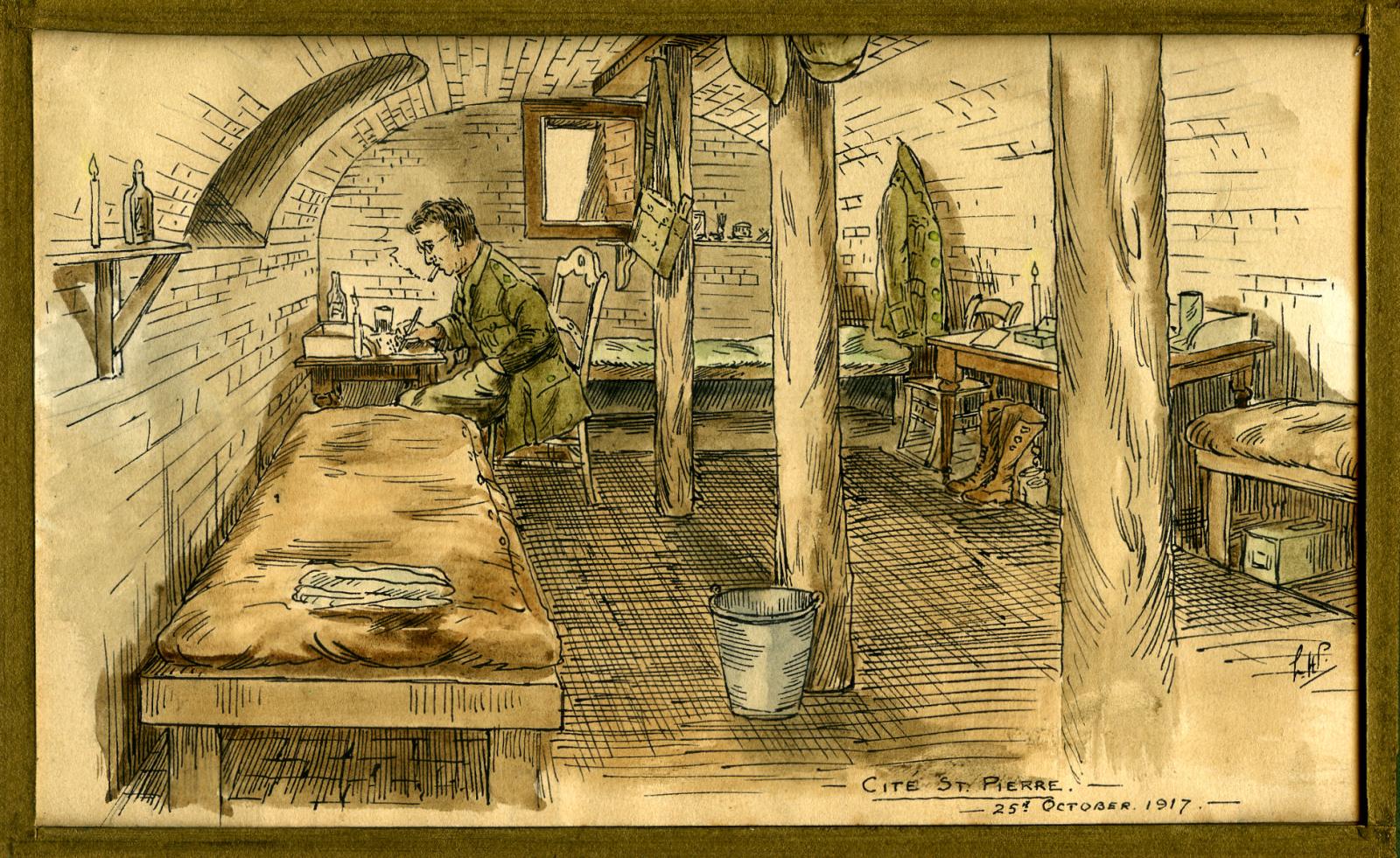 Close up of Leslie Horton Partridge watercolour - Cite St. Pierre, 25 October 1917