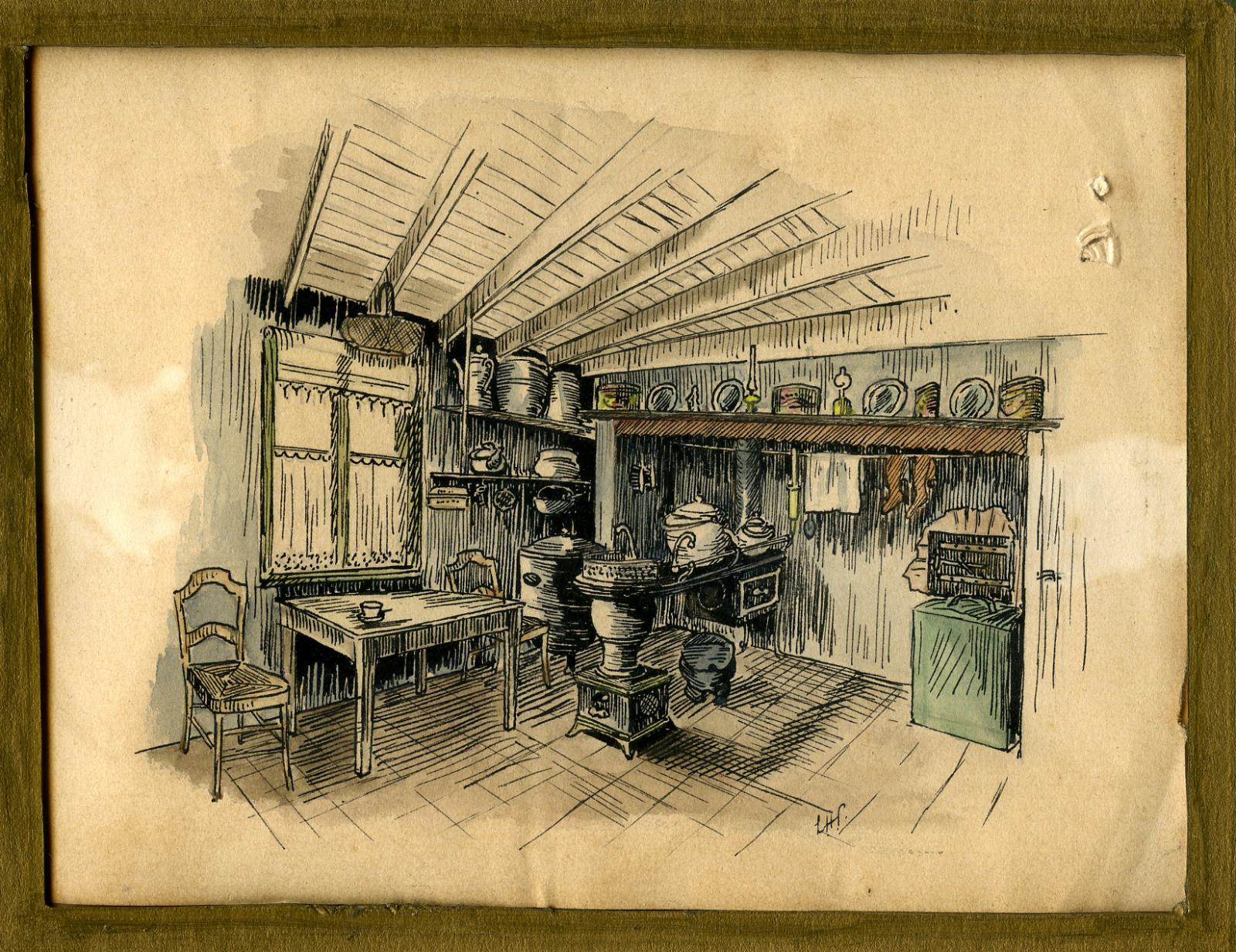 Close up of Leslie Horton Partridge watercolour - Kitchen scene 1917
