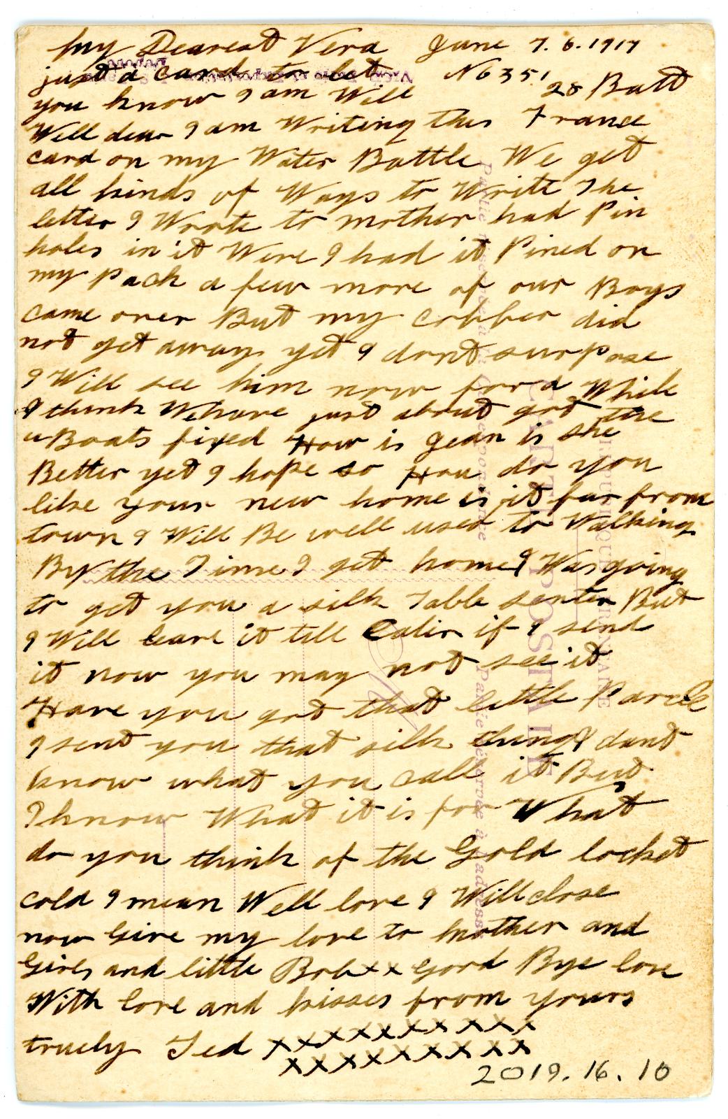 First World War Silk Postcard from Pte. Edward Charles MOUCHEMORE 6351