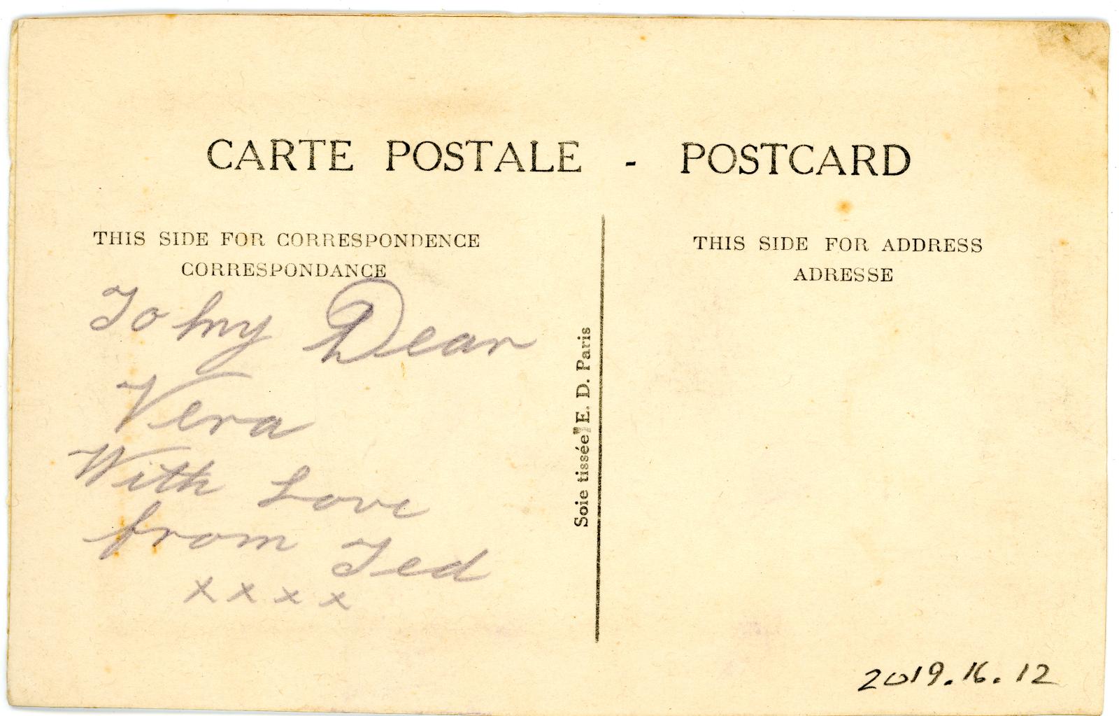First World War Silk Postcard from Pte. Edward Charles MOUCHEMORE 6351