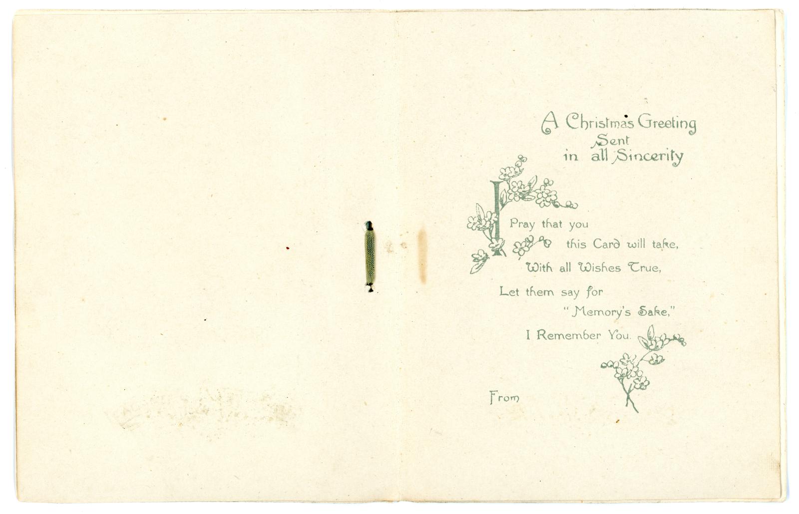 First World War Australian Christmas Card sent by Pte Edward Charles MOUCHEMORE 6351