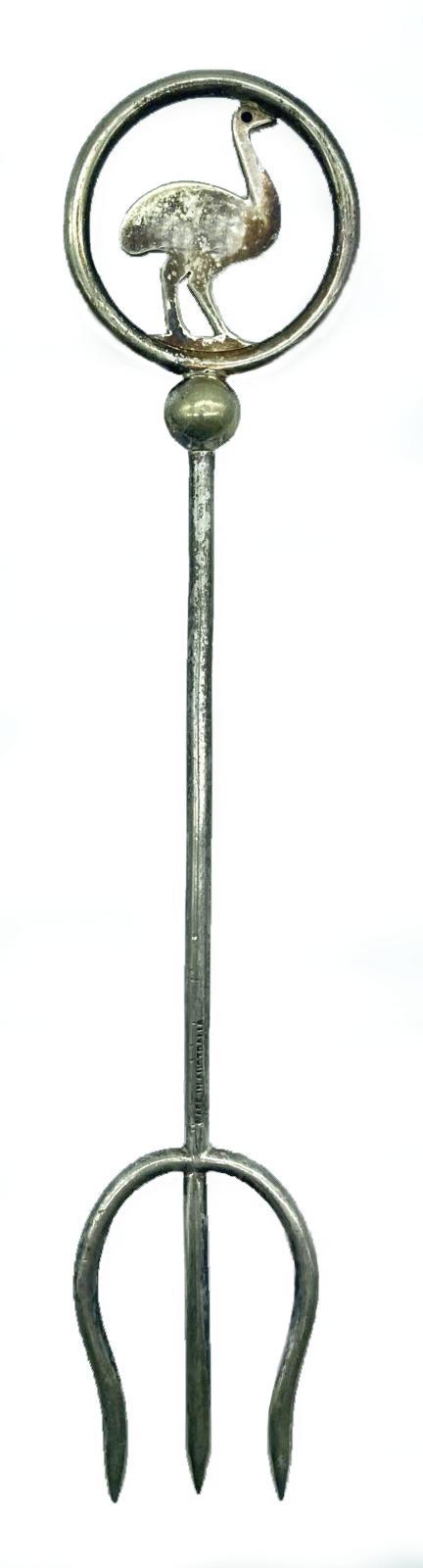 Reverse of silver plated trident bread fork with decorative top - Emu